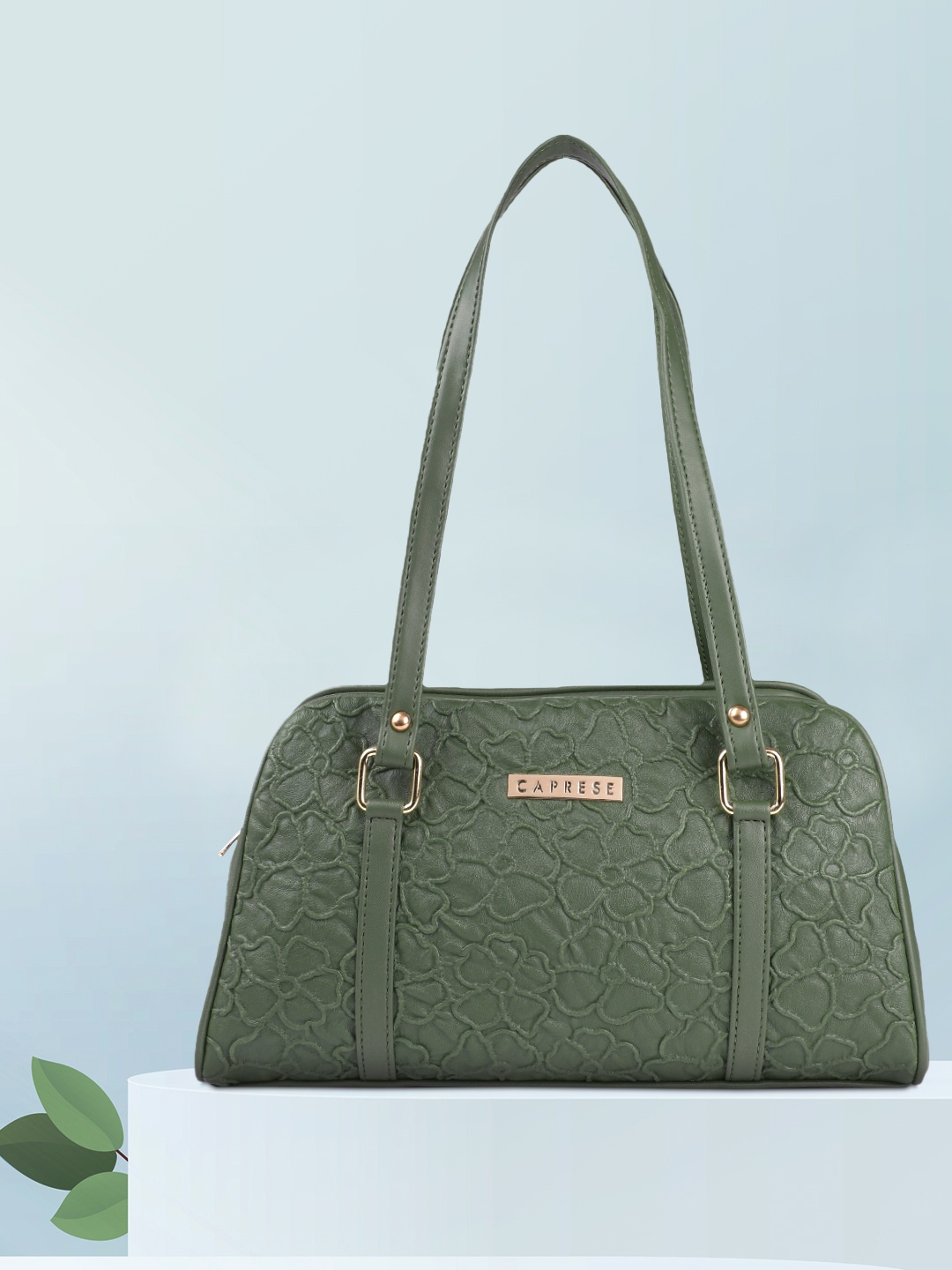 

Caprese Olive Green Floral Leather Structured Shoulder Bag