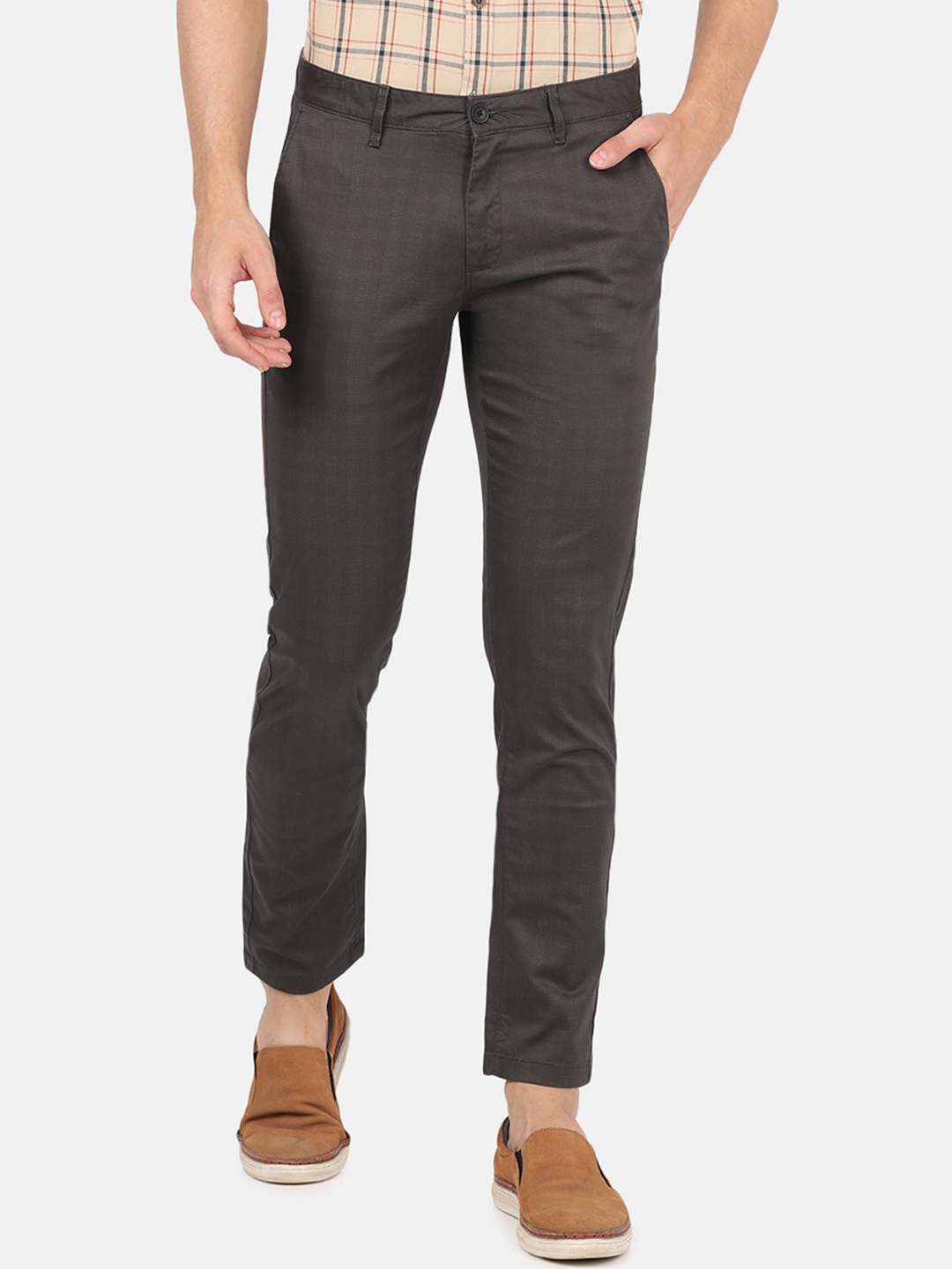 

Crocodile Men Charcoal Grey Checked Smart Slim Fit Cotton Trousers