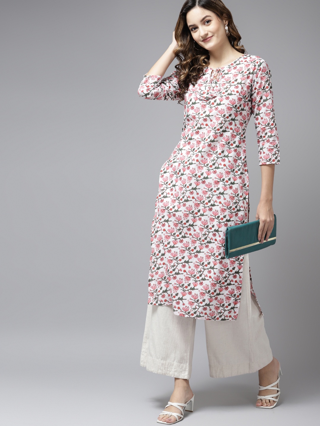 

Yufta Women Off White & Pink Pure Cotton Floral Print Kurta