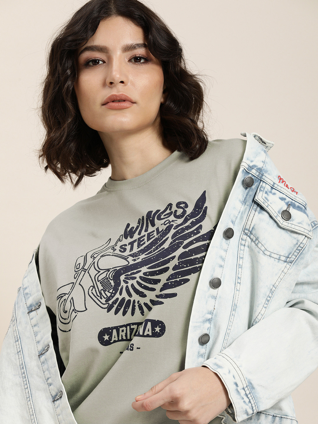 

Difference of Opinion Women Grey Pure Cotton Printed Loose T-shirt