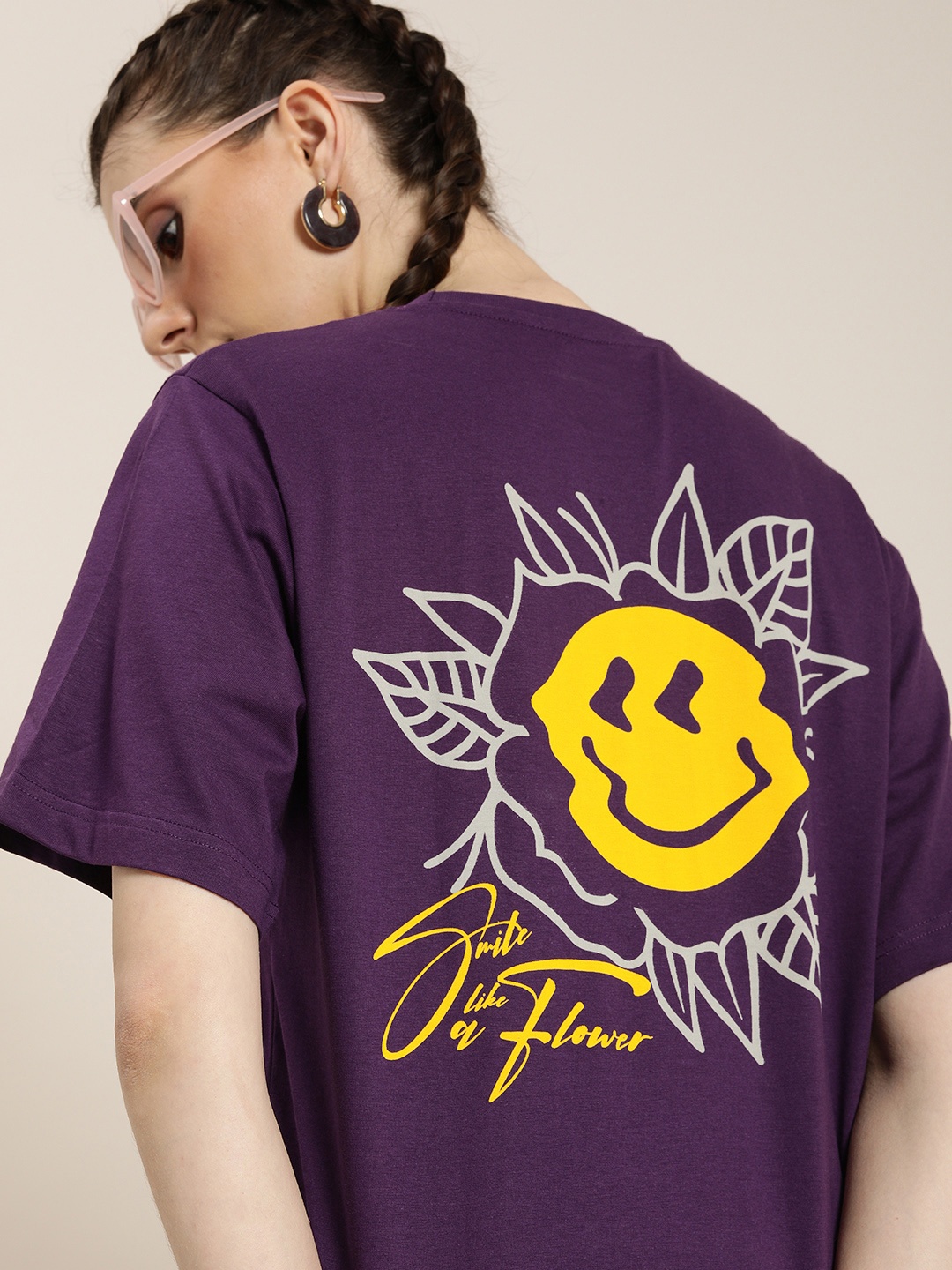 

Difference of Opinion Women Purple Printed Pure Cotton Loose T-shirt