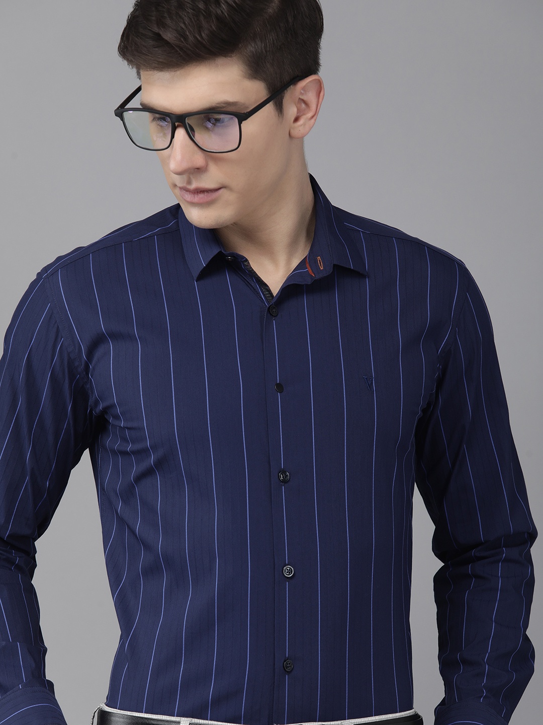 

V Dot Men Navy Blue Slim Fit Striped Formal Shirt With Roll-Up Sleeves
