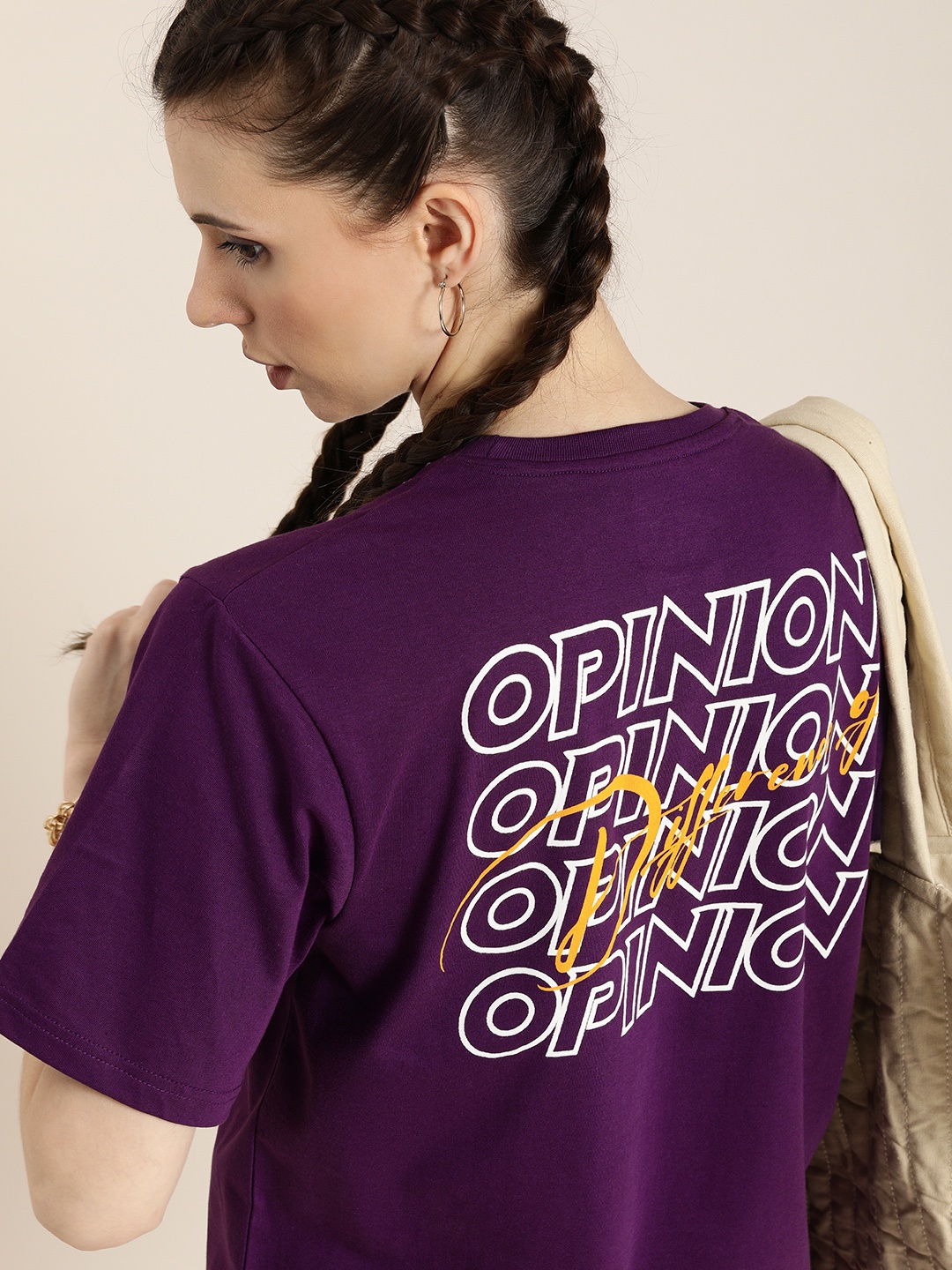 

Difference of Opinion Women Purple Typography Printed Pure Cotton Loose T-shirt
