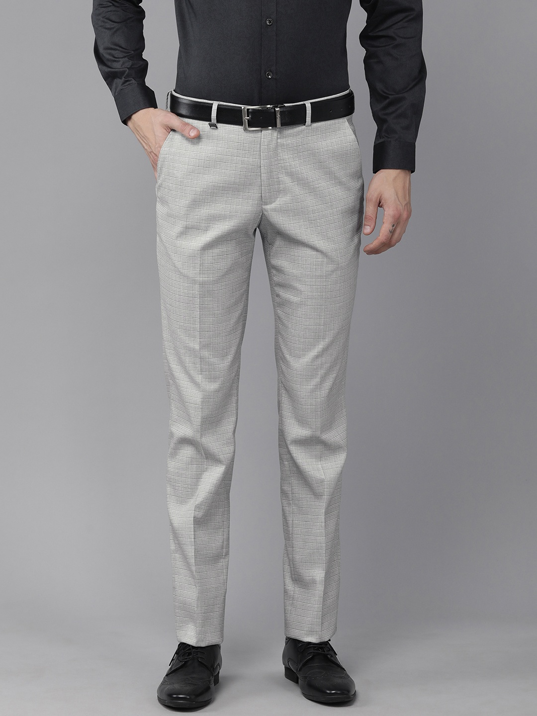

V Dot Men Grey And White Checked Skinny Fit Mid-Rise Formal Trousers