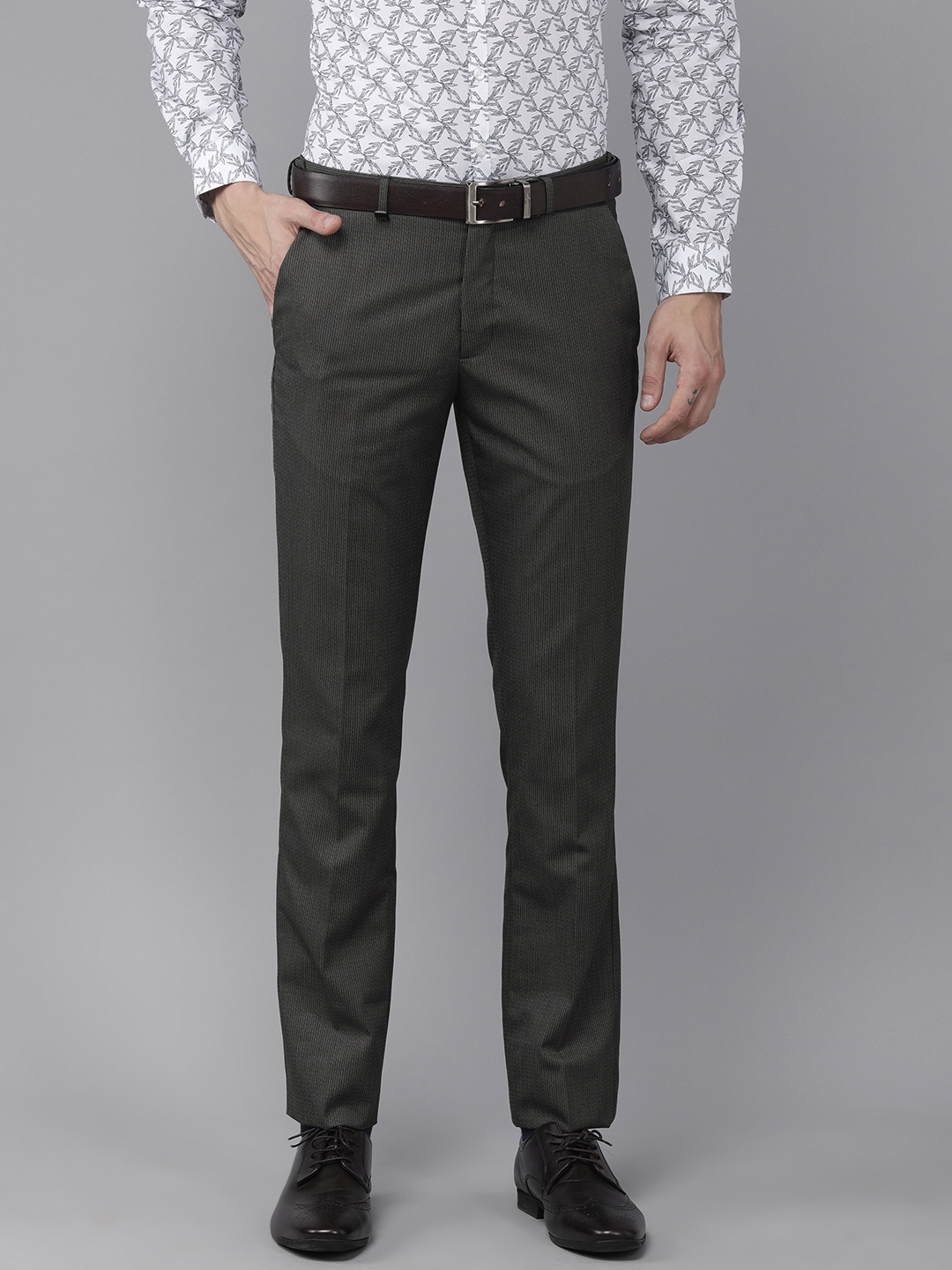 

V Dot Men Charcoal Grey And White Striped Skinny Fit Formal Trousers