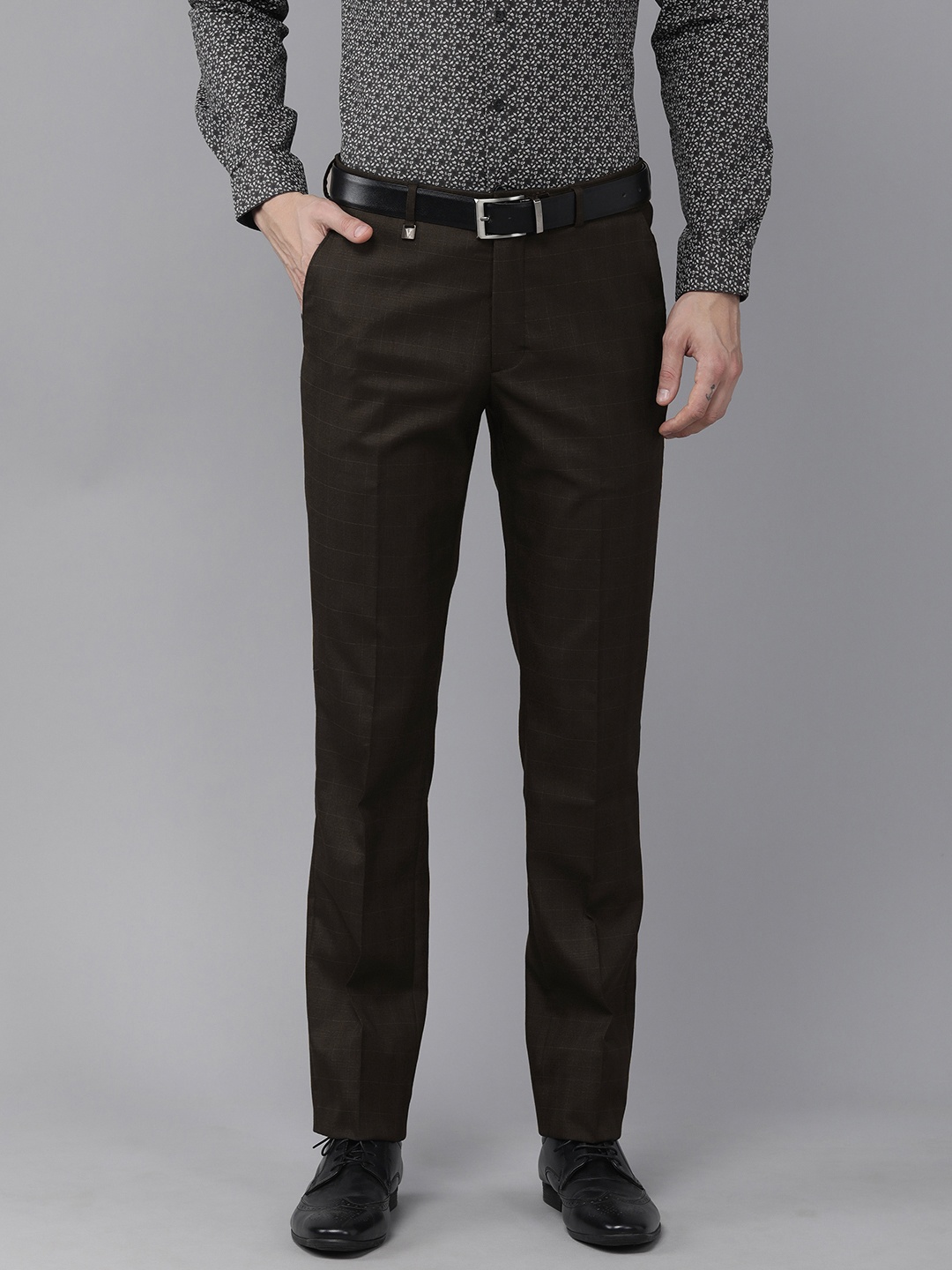 

V Dot Men Brown & White Checked Skinny Fit Formal Trousers