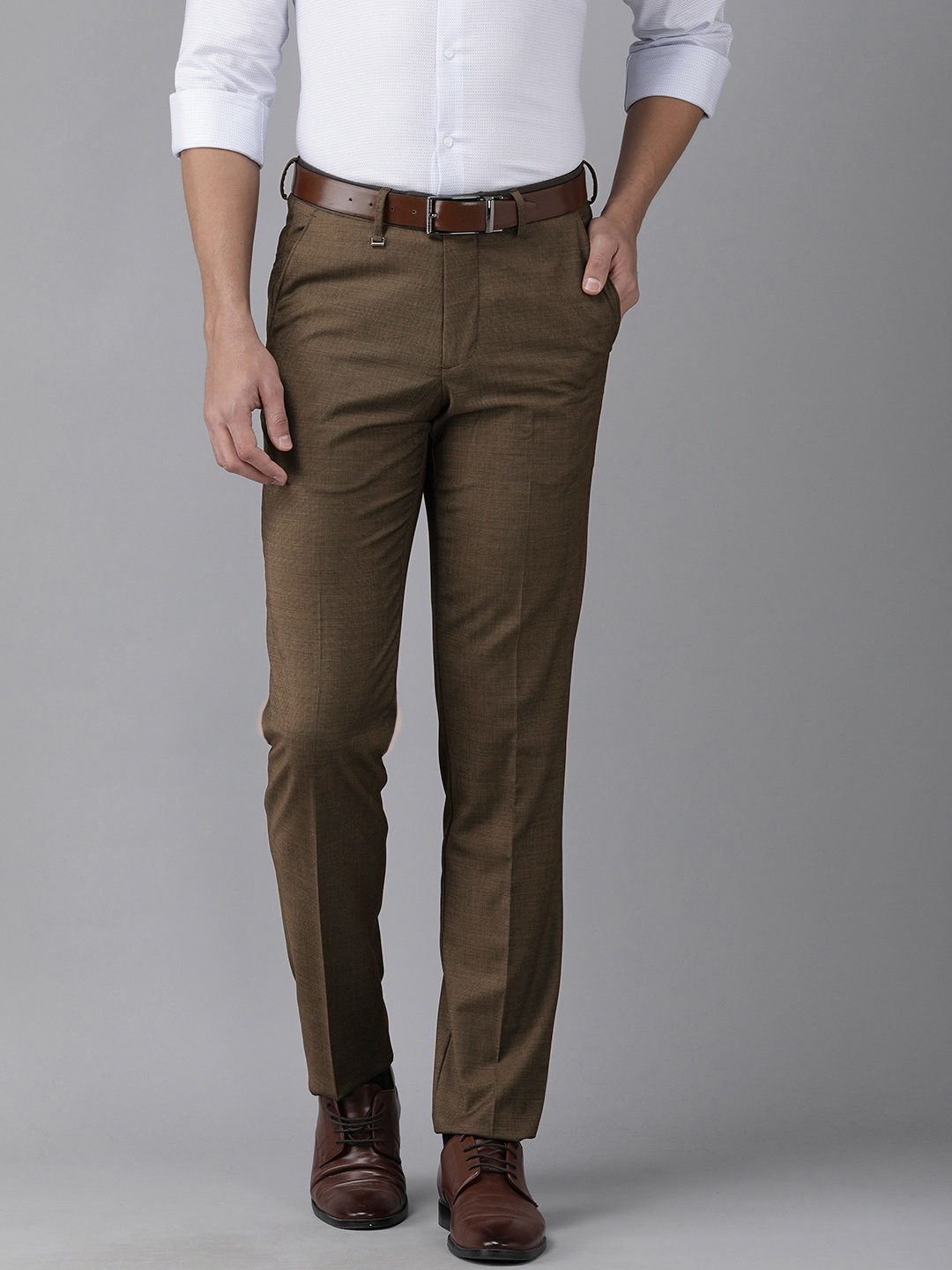 

Van Heusen Men Brown Self Designed Low-Rise Formal Trousers