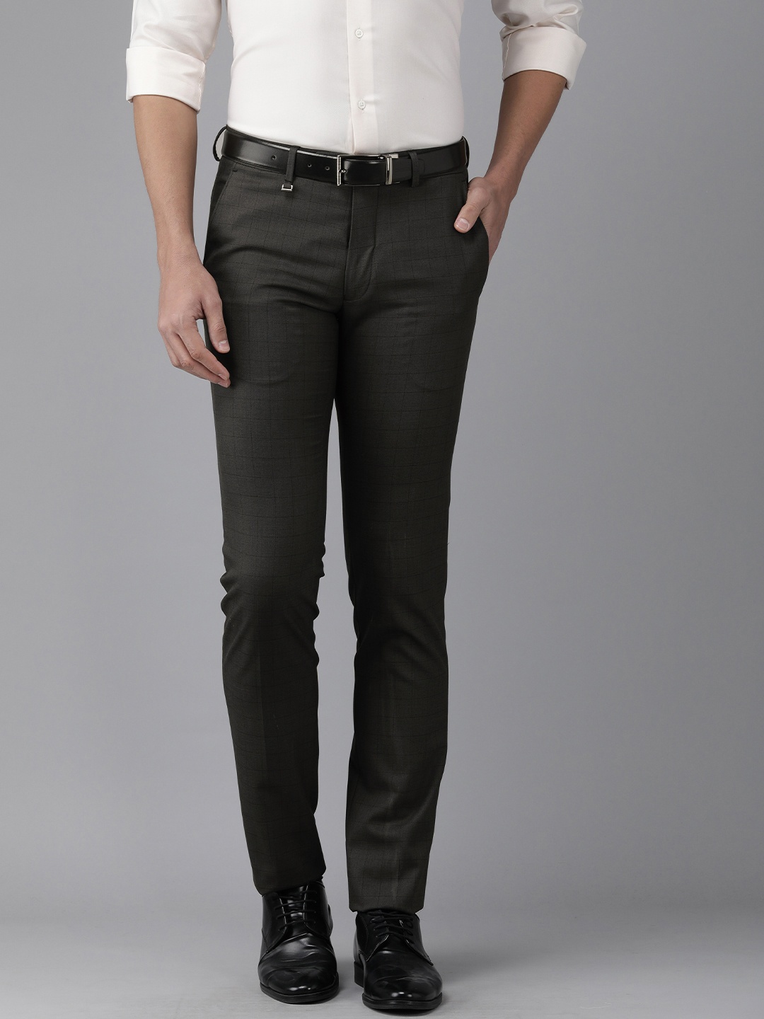 

Van Heusen Men Light Grey Checked Ultra Slim Fit Formal Trousers