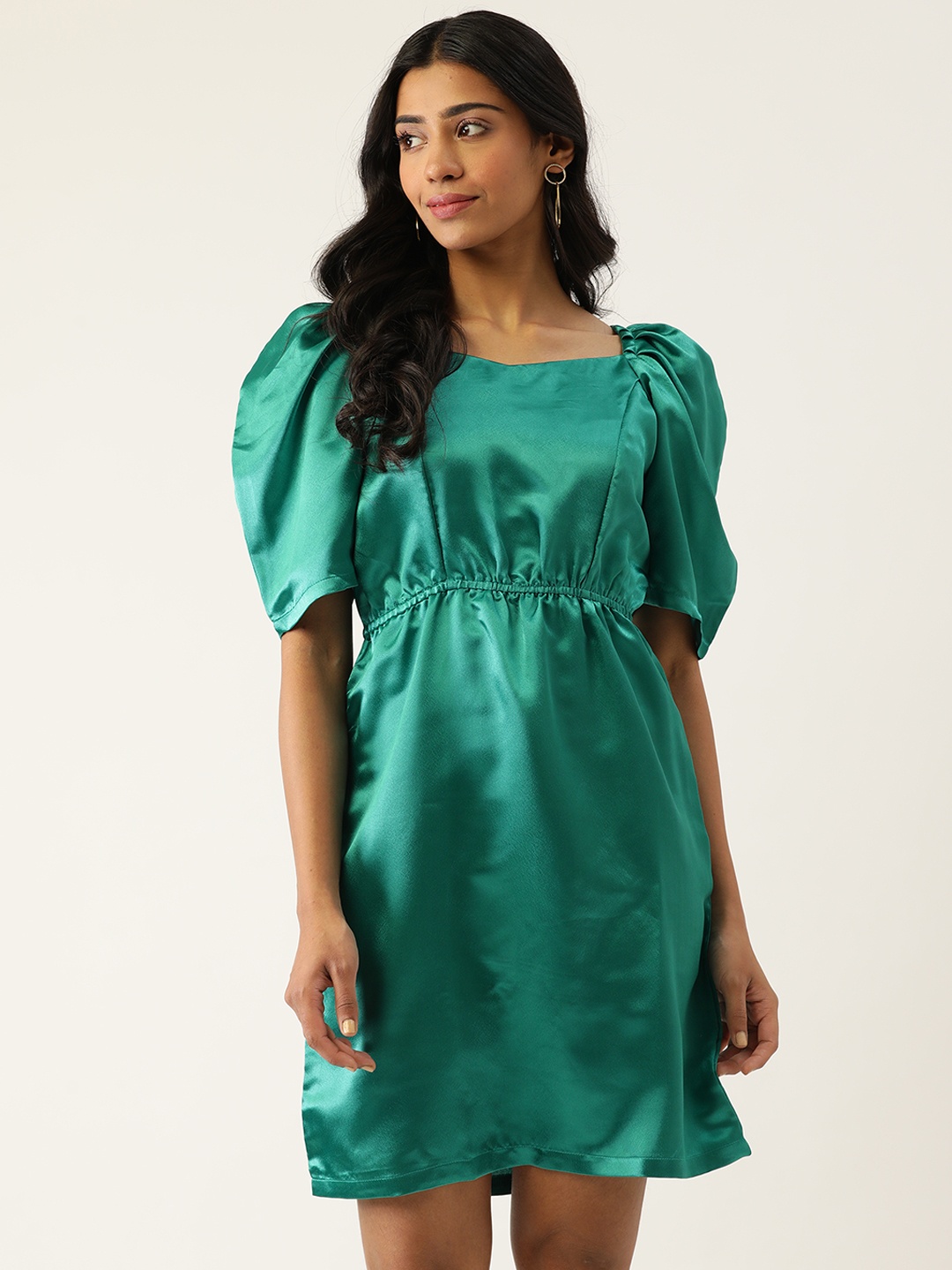 

U&F Women Green Solid Satin A-Line Dress