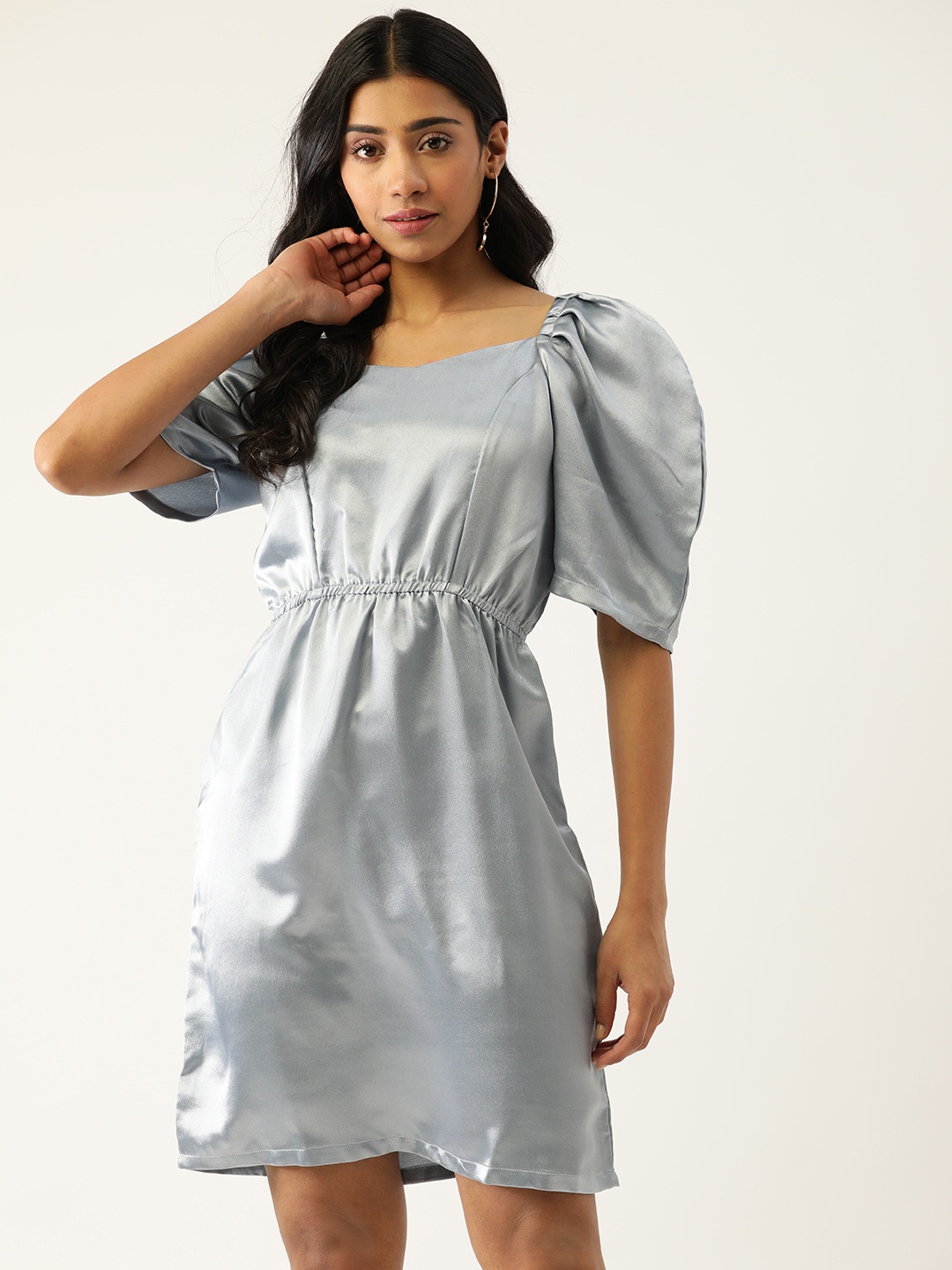 

U&F Women Grey Solid Satin A-Line Dress