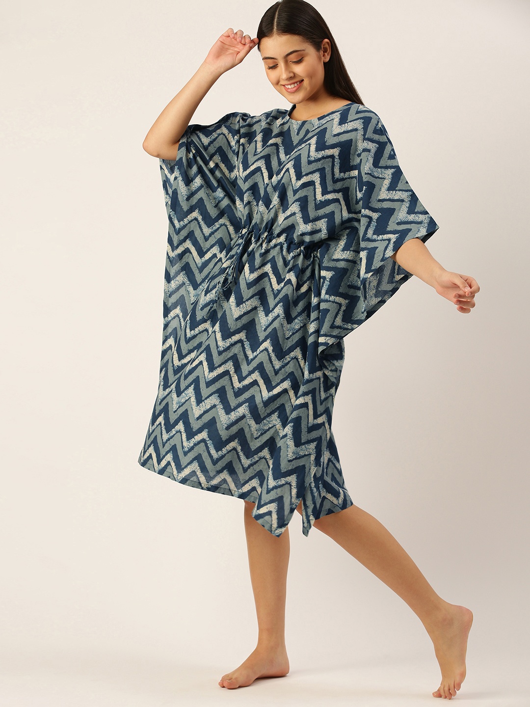 

Clt s Women Blue Pure Cotton Chevron Printed Kaftan Nightdress