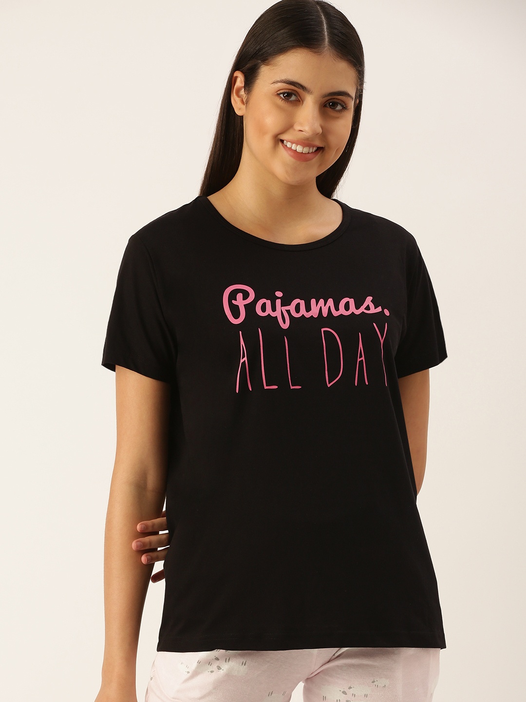 

Clt.s Women Black Pure Cotton Typography Printed Lounge T-shirt