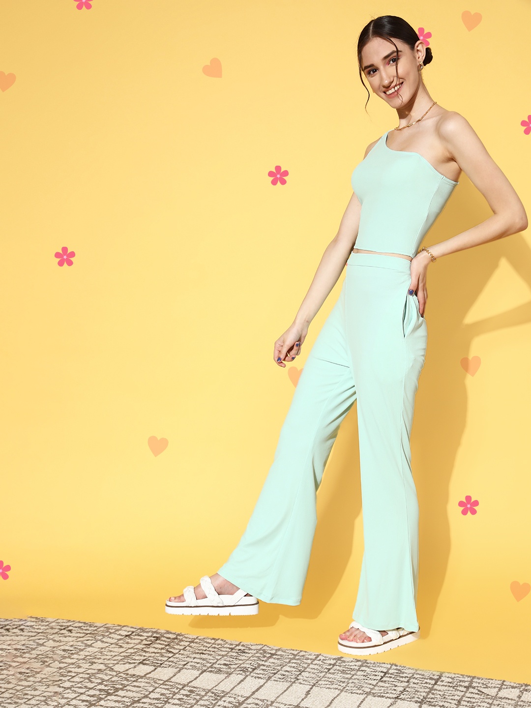 

Athena Women Stylish Green Solid Top with Trousers