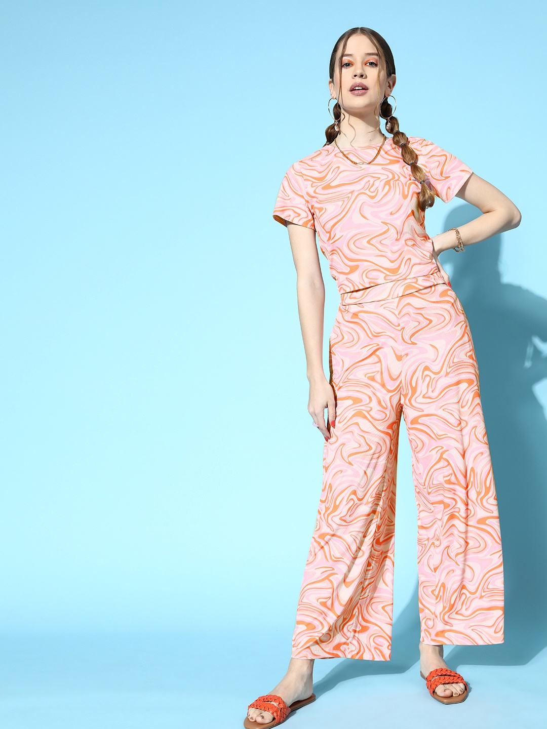 

Athena Women Bright Orange Printed T-shirt with Trousers
