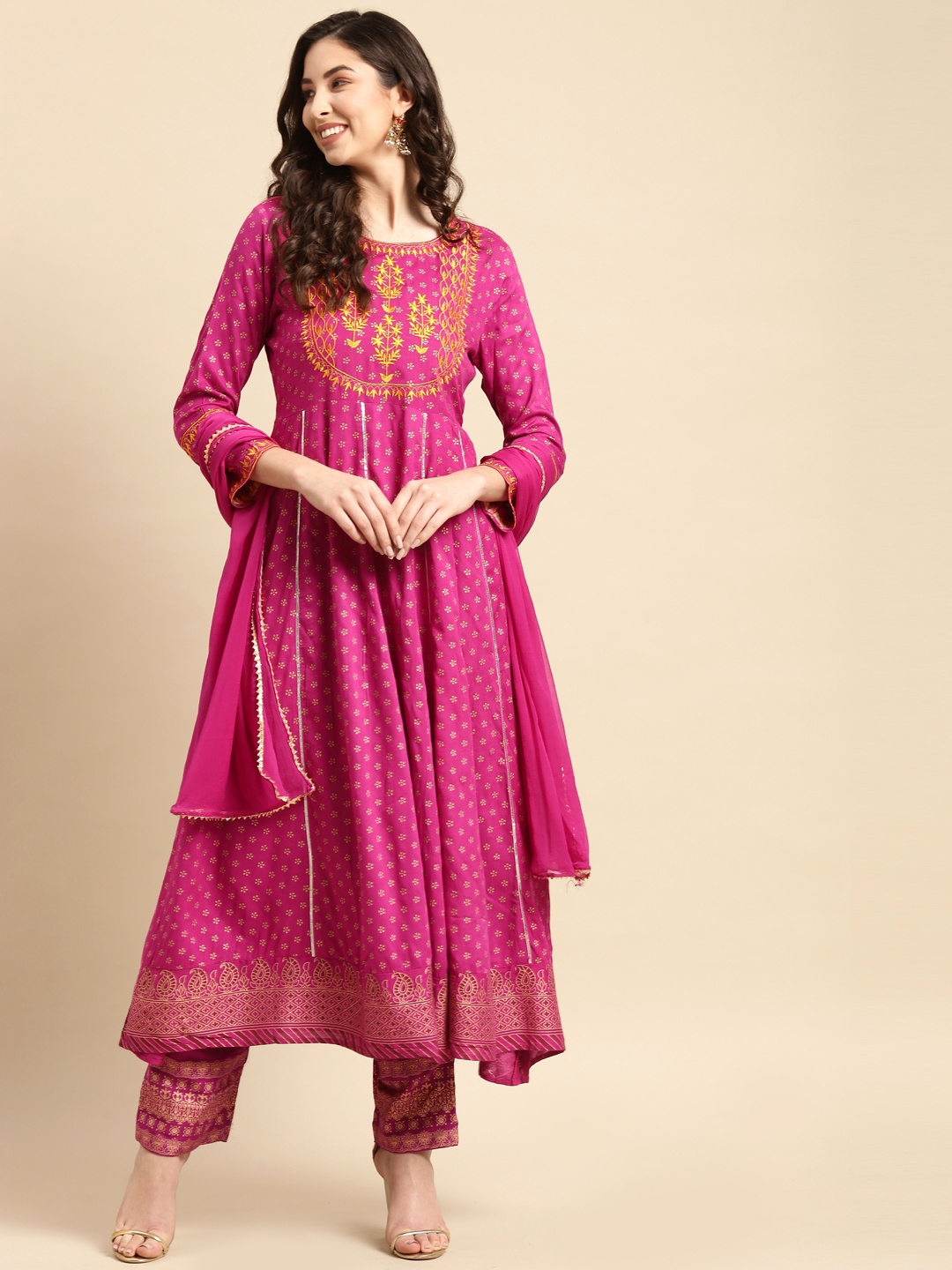 

Prakhya Women Pink Ethnic Motifs Yoke Design Kurta with Dupatta