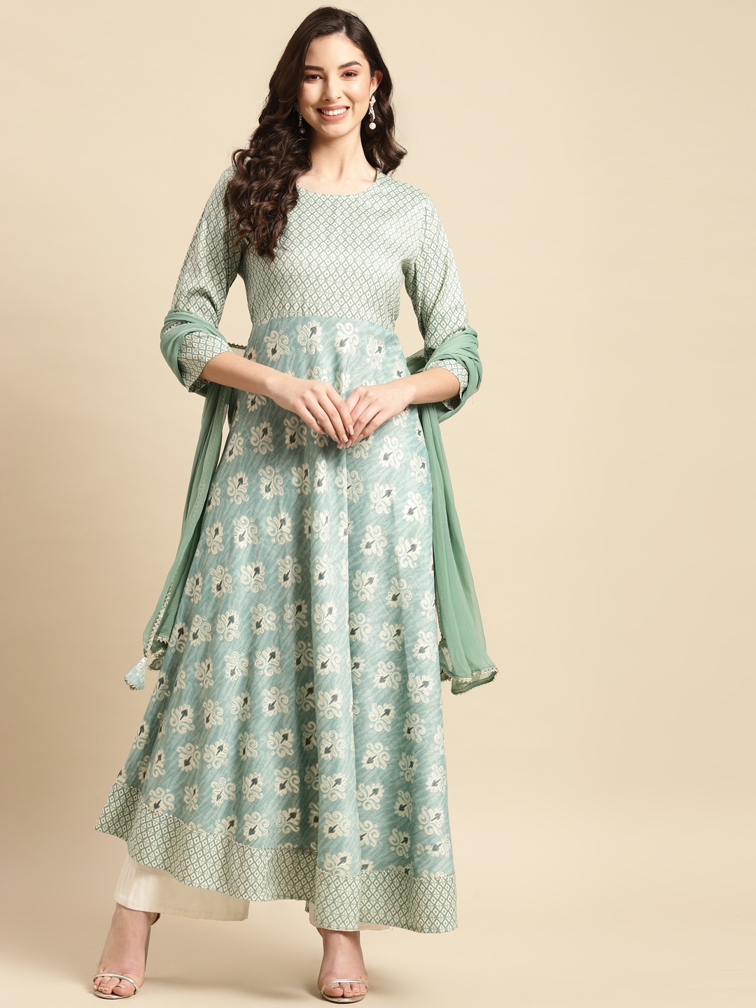 

Prakhya Women Turquoise Blue Ethnic Motifs Printed Kurta with Dupatta