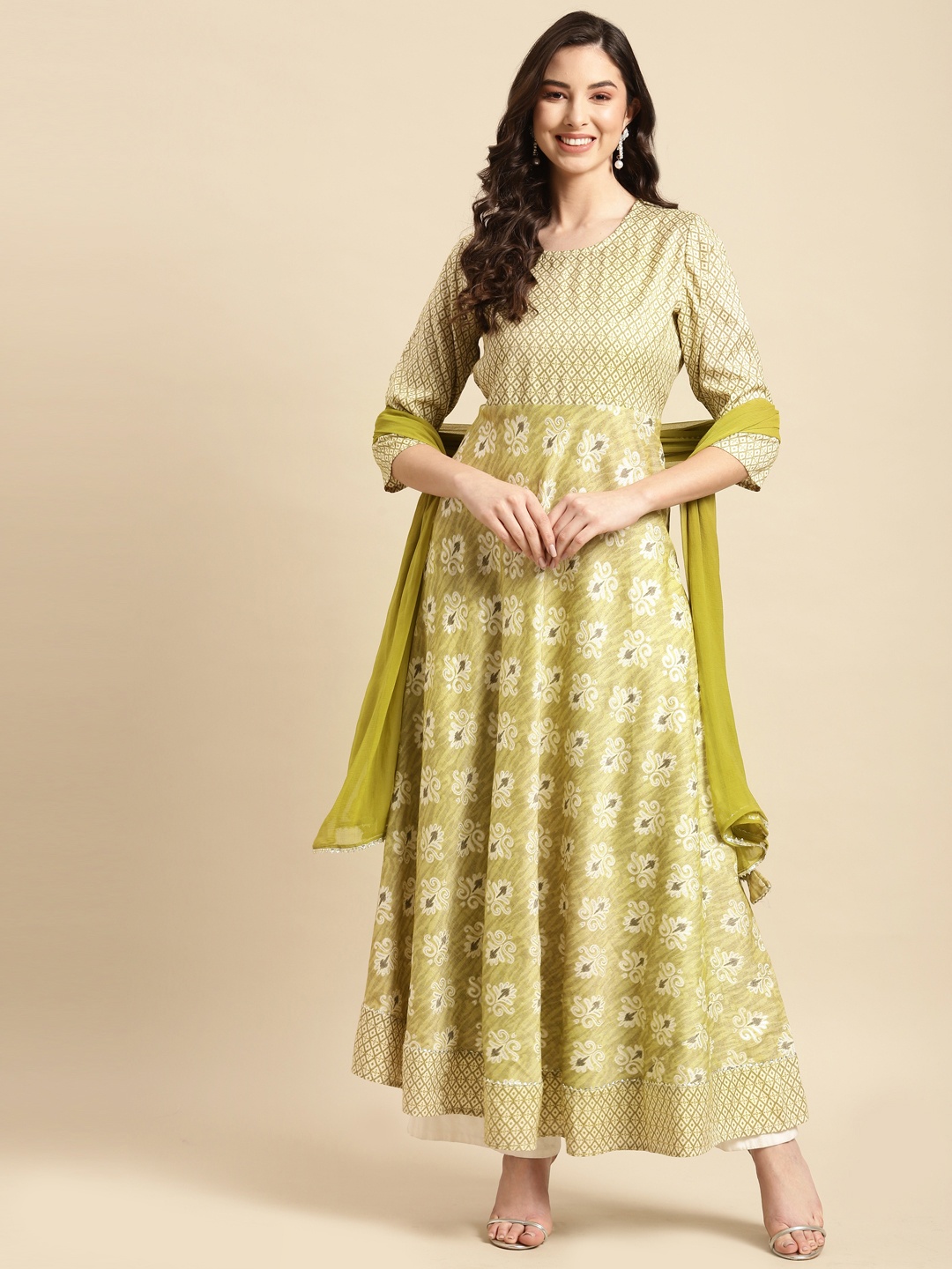 

Prakhya Women Green Ethnic Motifs Printed Anarkali Kurta with Dupatta