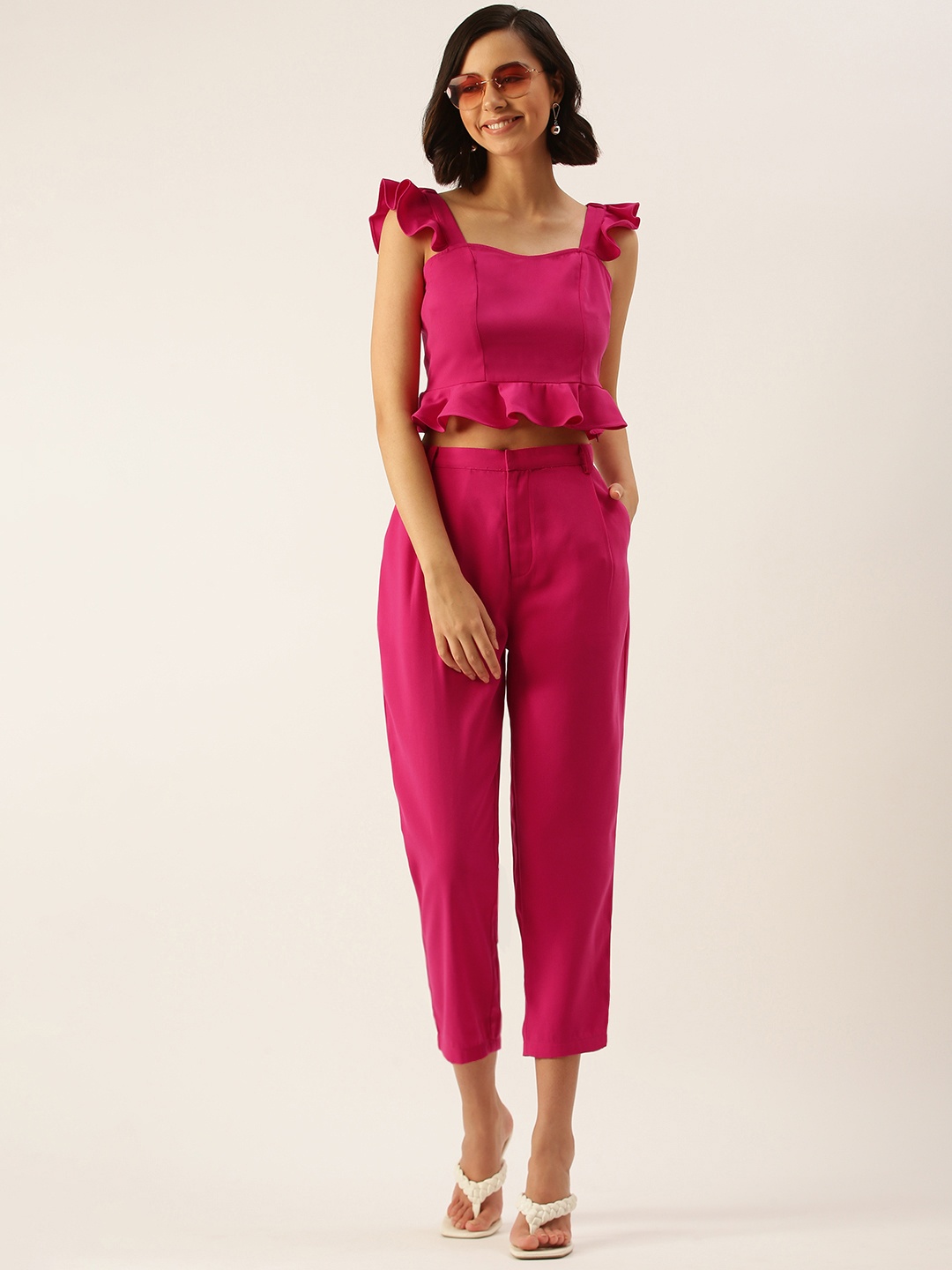 

Jade Garden Women Pink Solid Crop Top & Trousers Set