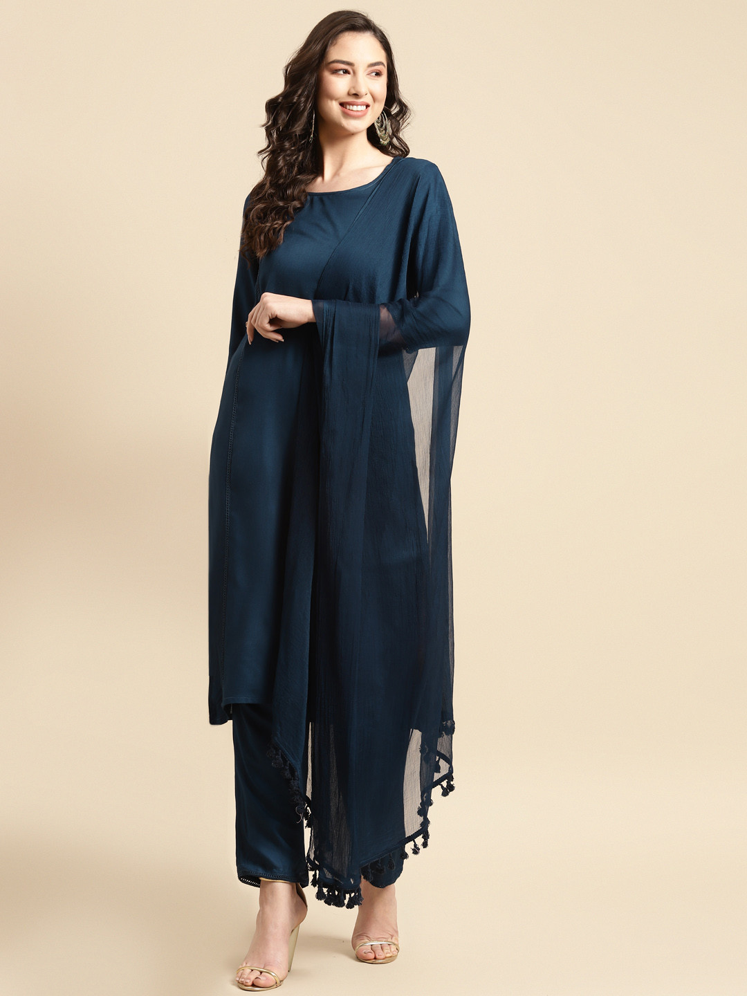 

Prakhya Women Teal Kurta with Palazzos & With Dupatta
