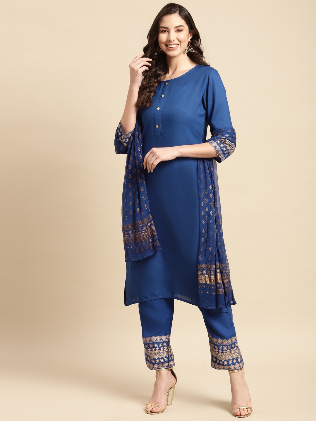 

Prakhya Women Blue Printed Kurta with Palazzos & With Dupatta