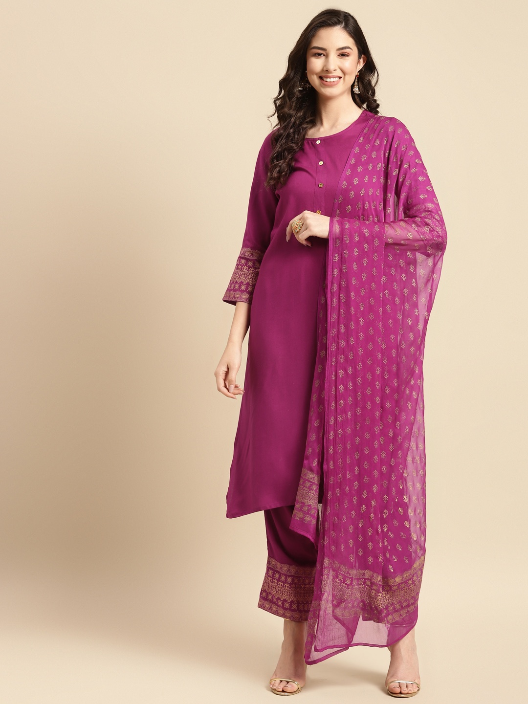 

Prakhya Women Purple Printed Kurta with Palazzos & With Dupatta