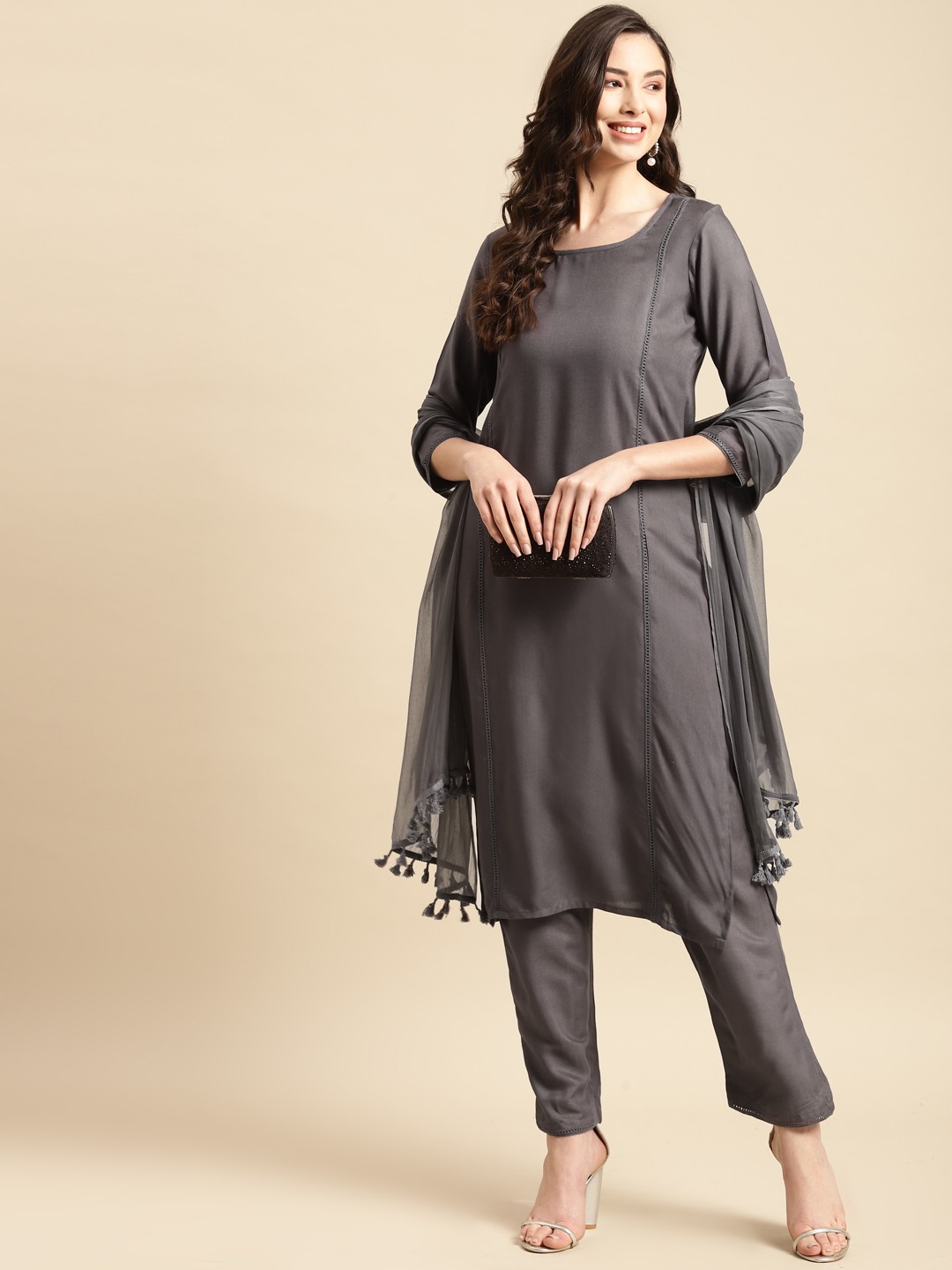 

Prakhya Women Grey Kurta with Palazzos & With Dupatta