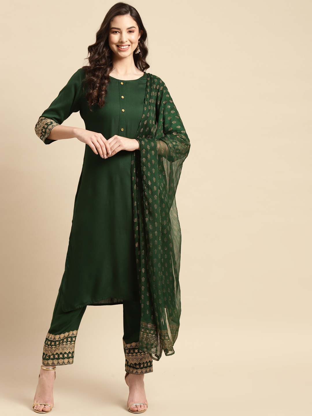 

Prakhya Women Green Kurta with Palazzos & With Dupatta