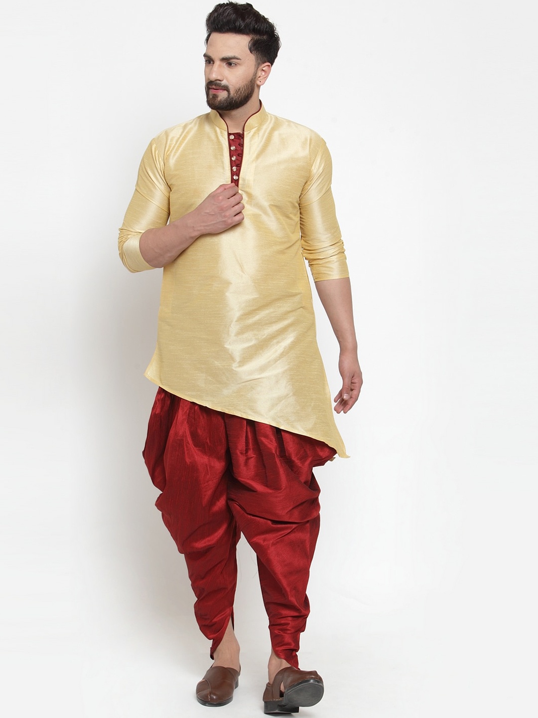 

Kaifoo Men Gold-Toned & Maroon Dupion Silk Kurta with Dhoti Pants