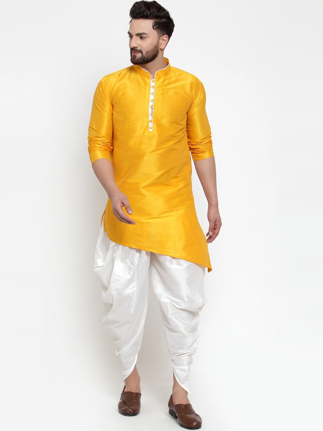 

Kaifoo Men Yellow Dupion Silk Kurta with Dhoti Pants