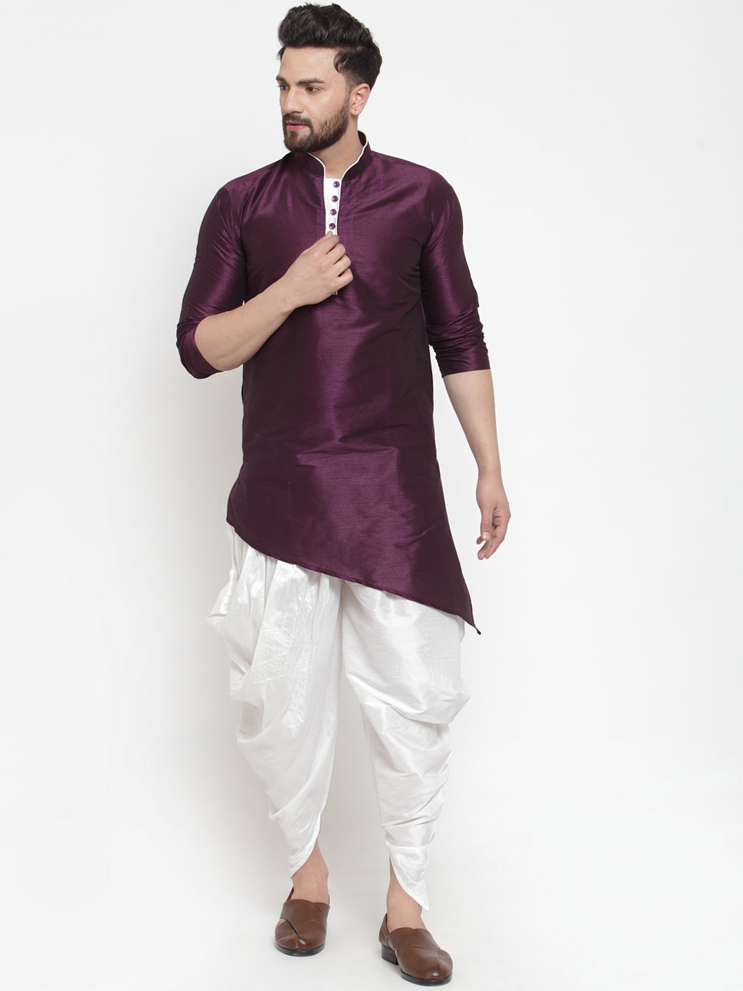 

Kaifoo Men Purple Dupion Silk Kurta with Dhoti Pants