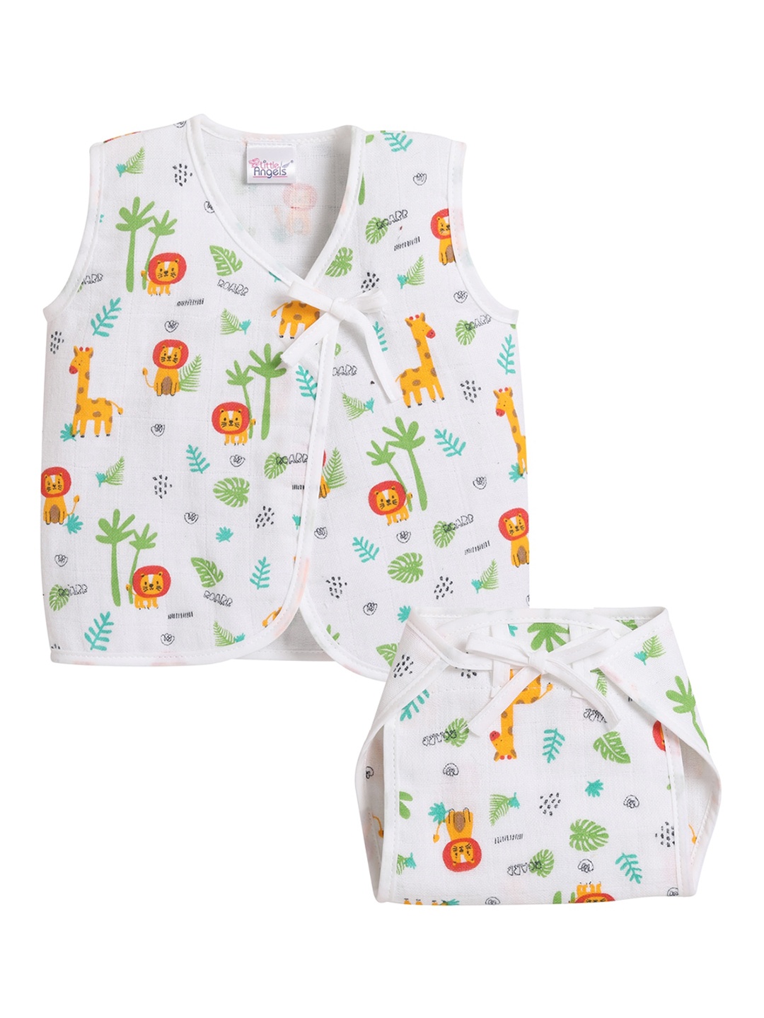 

Little Angels Kids White & Orange Printed Muslin Cotton Jhabla With Matching Nappy