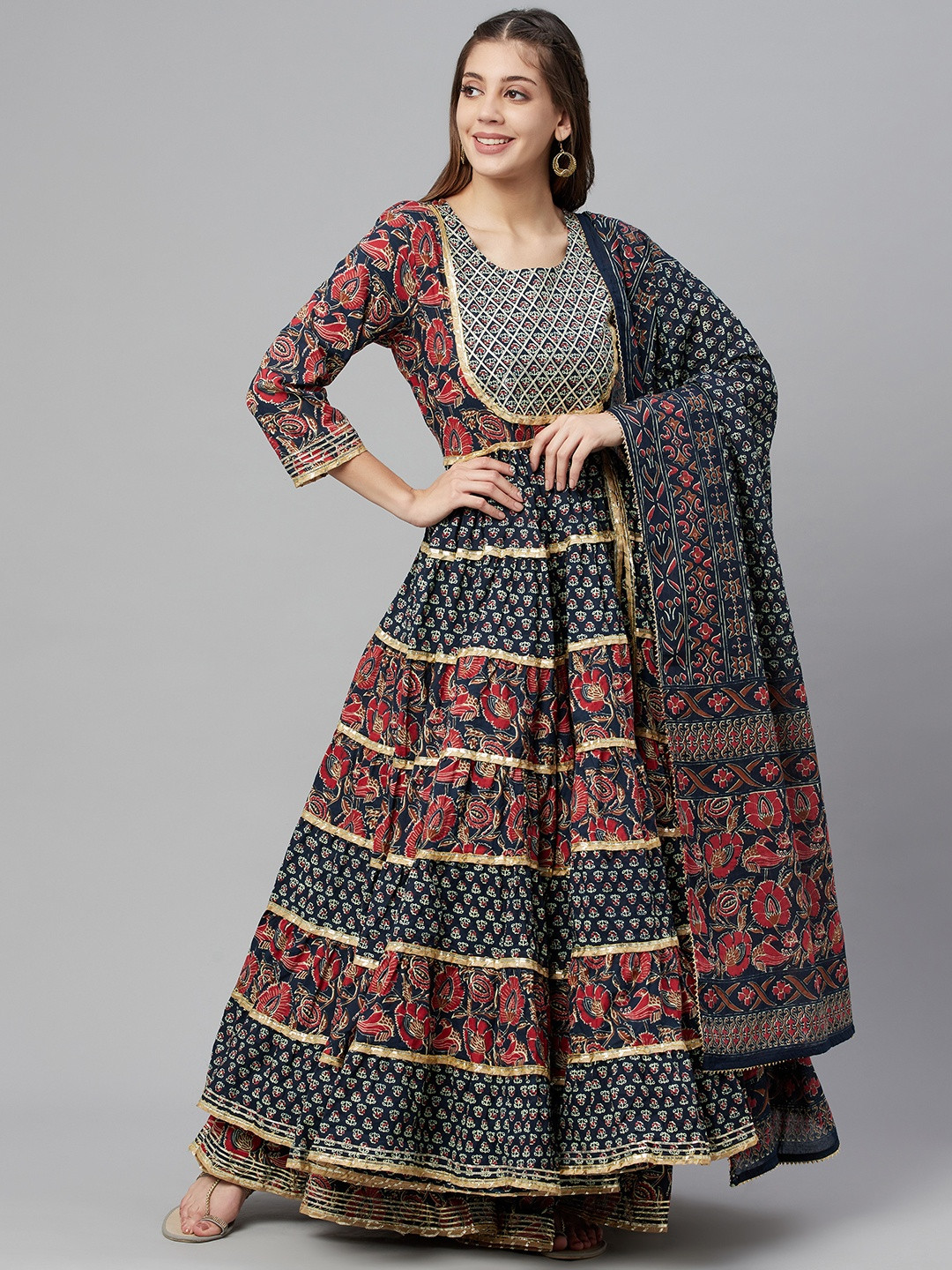 

Readiprint Fashions Women Navy Blue Ethnic Printed Pure Cotton Kurta with Dupatta