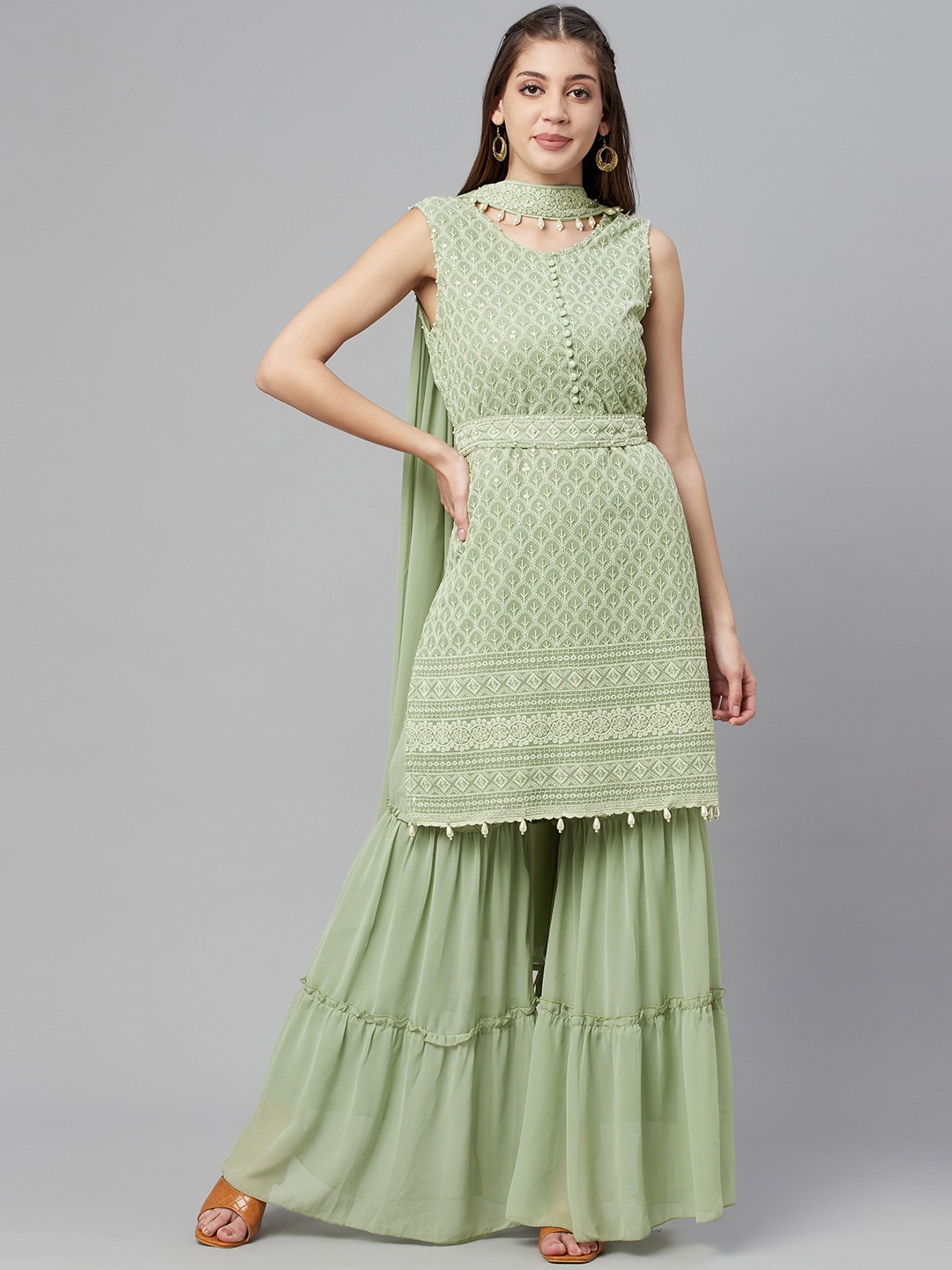 

Readiprint Fashions Women Green Ethnic Motifs Embroidered Kurta with Sharara & Dupatta