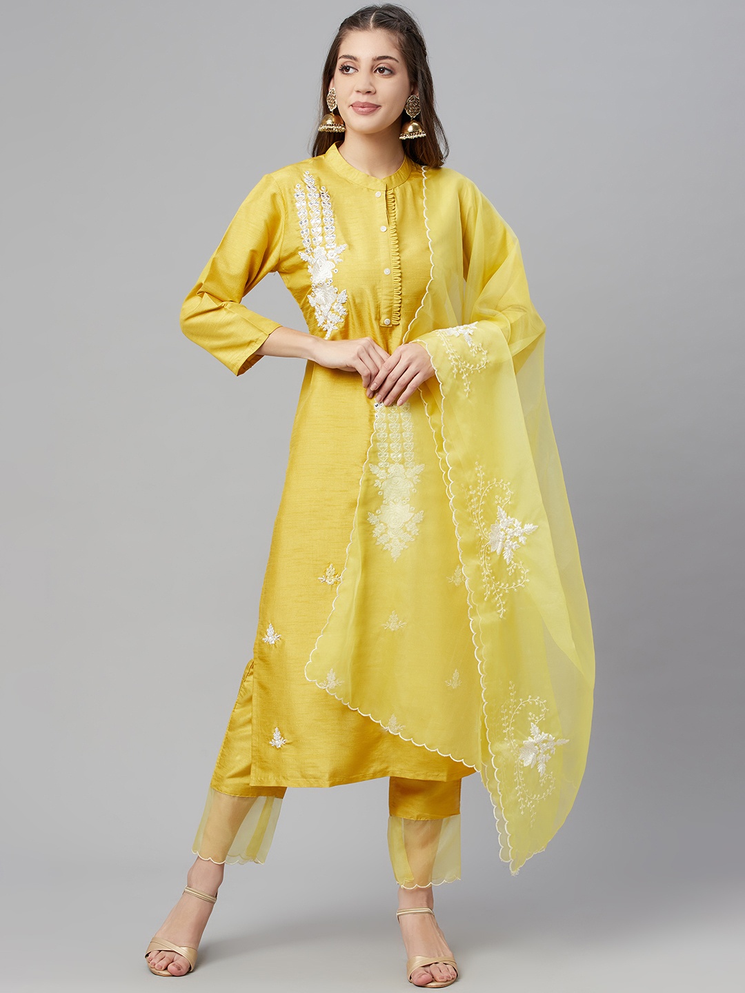 

Readiprint Fashions Women Mustard Yellow Ethnic Embroidered Kurta with Palazzos & Dupatta