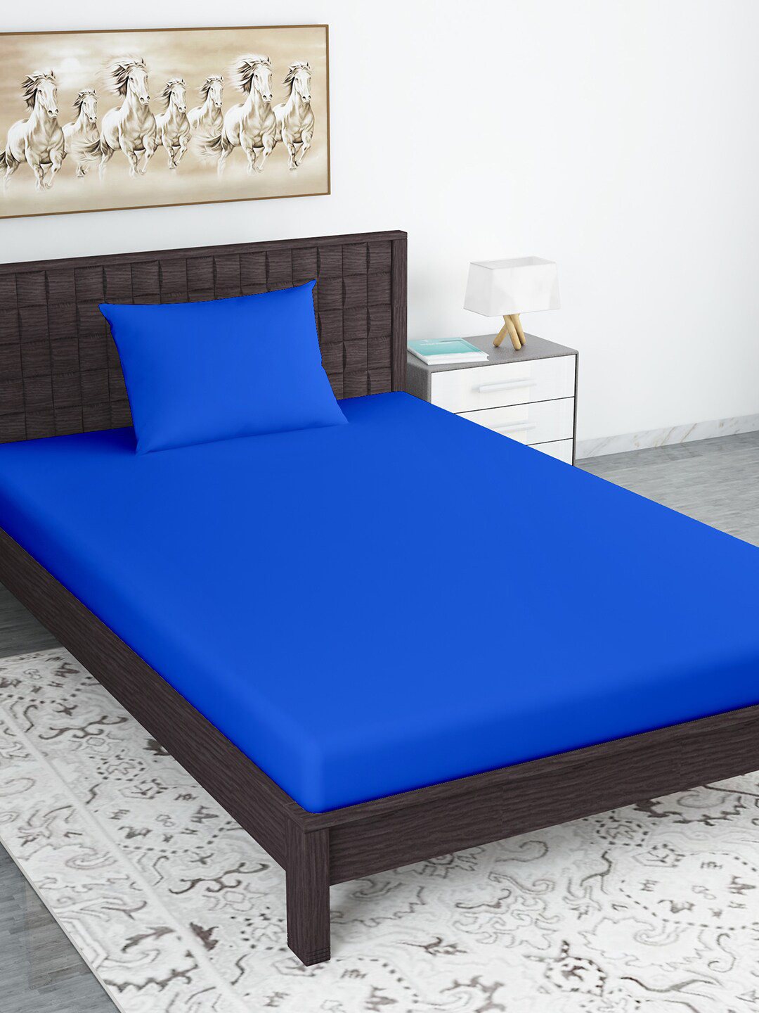 

Divine Casa Blue 120 TC Single Fitted Bedsheet with 1 Pillow Covers