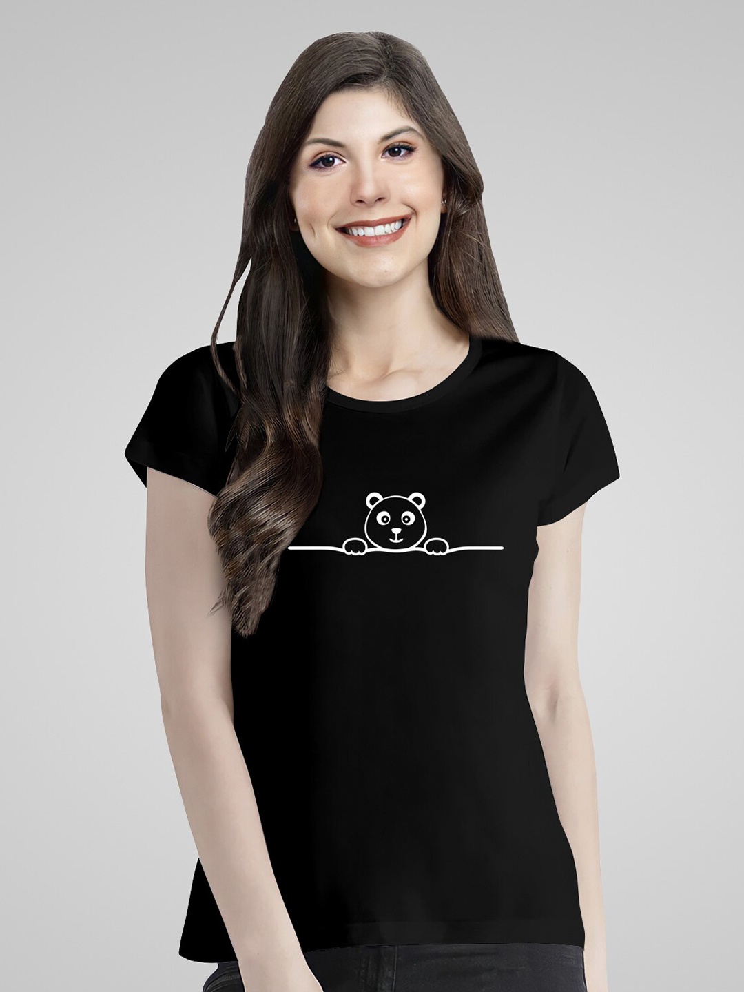 

Pootlu Women Black Panda Printed Cotton T-shirt