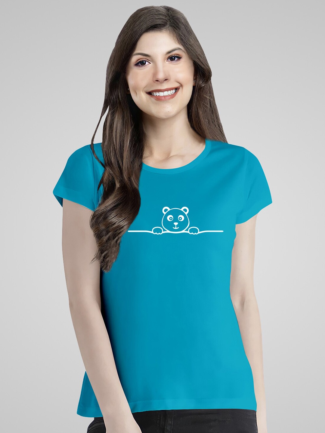

Pootlu Women Turquoise Blue Typography Printed Extended Sleeves Applique T-shirt