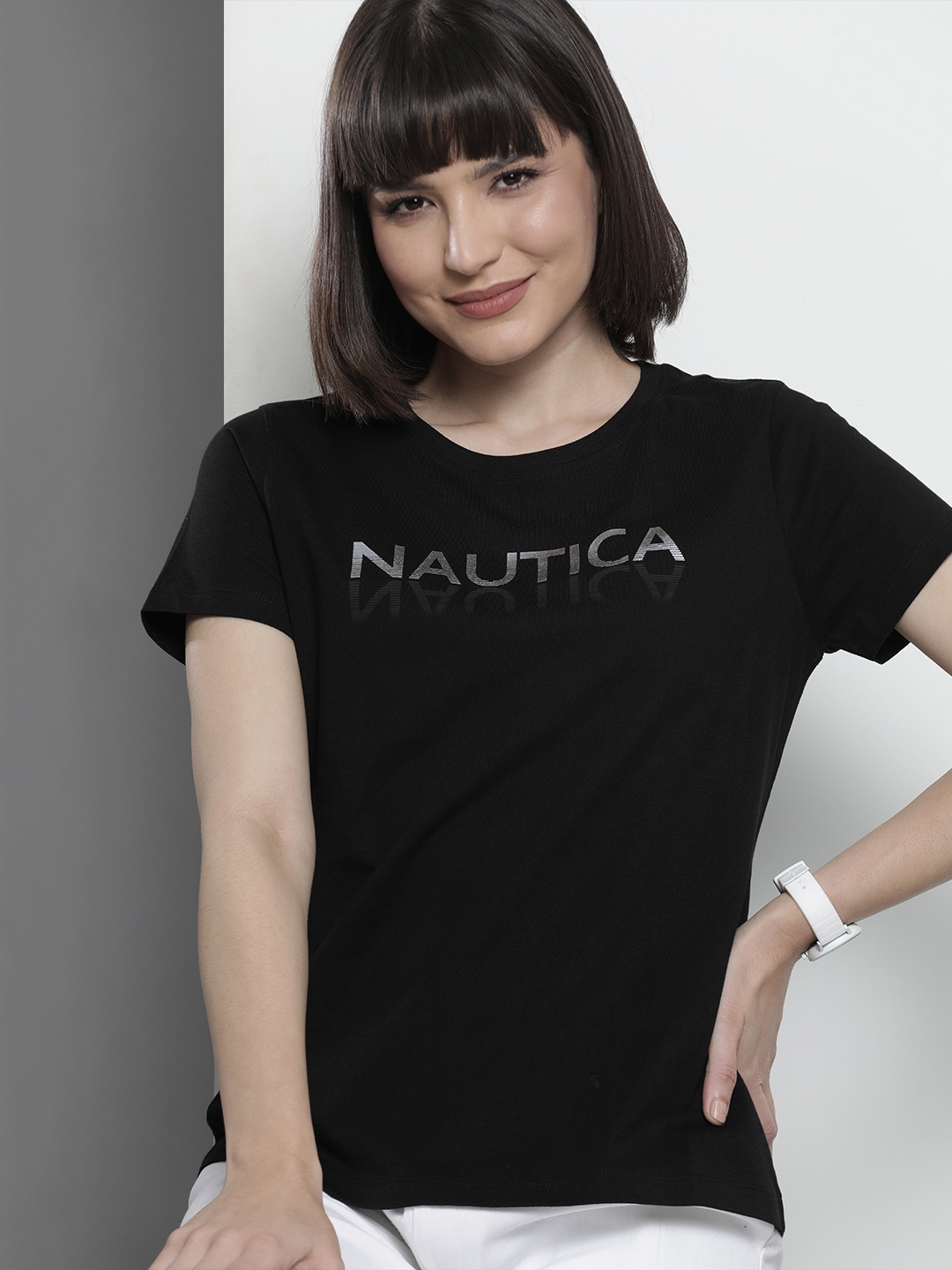 

Nautica Women Black & Silver-Coloured Typography Printed Pure Cotton T-shirt