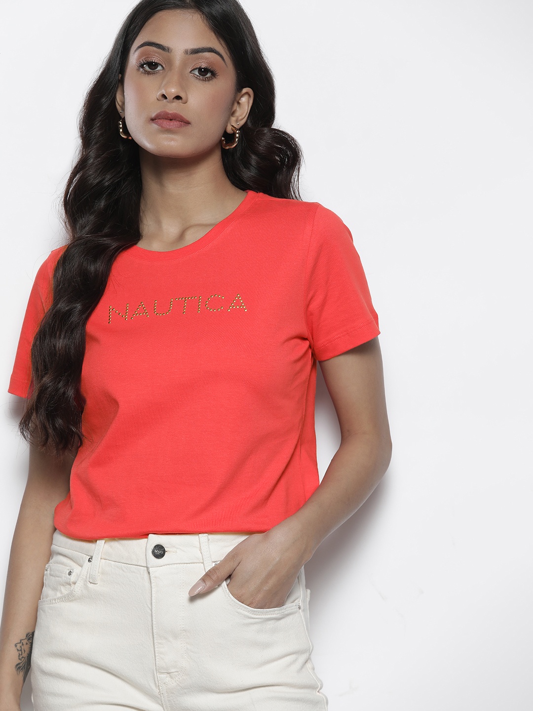 

Nautica Women Coral Red Brand Logo Pure Cotton T-shirt