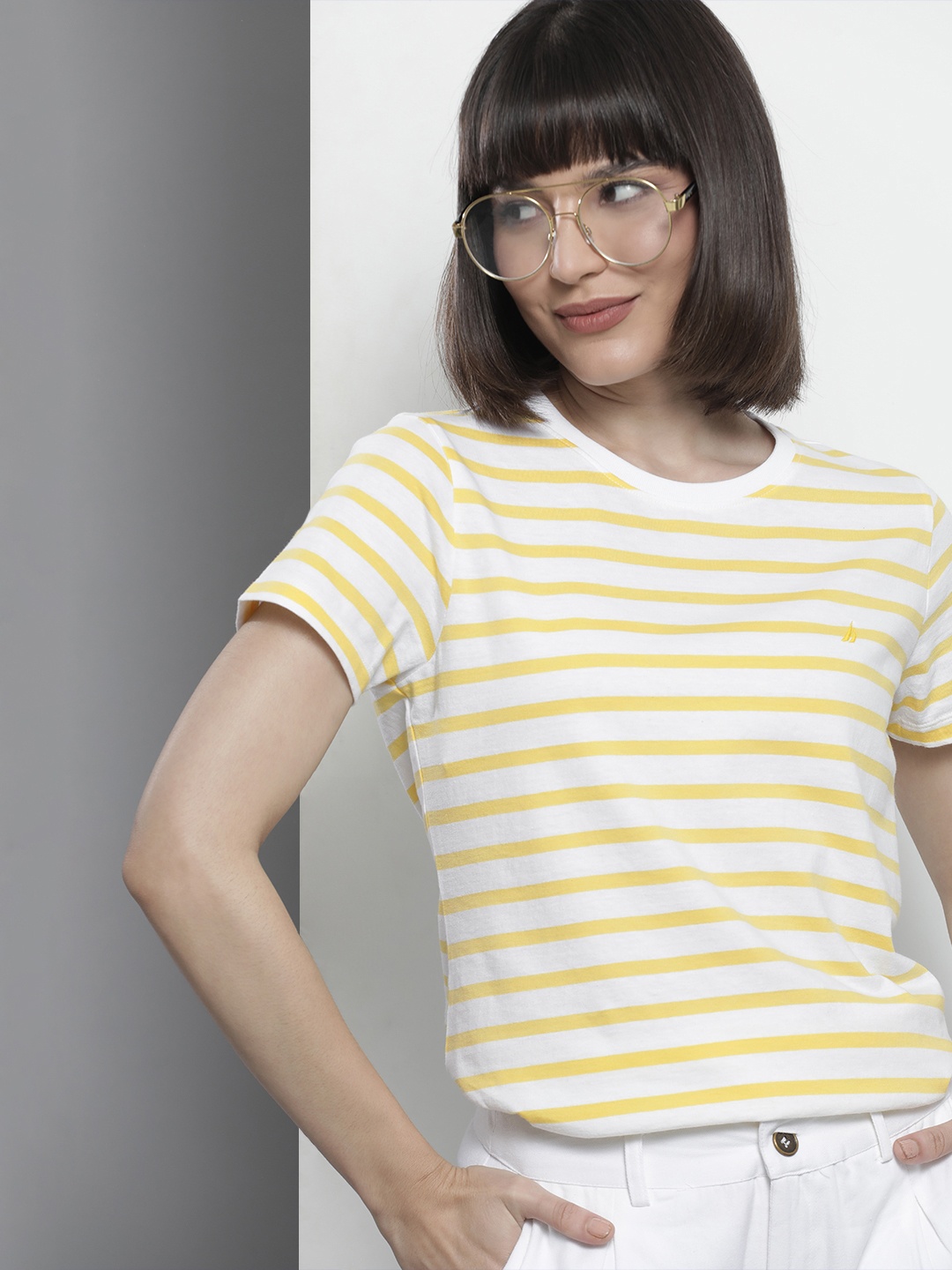 

Nautica Women White & Yellow Striped Pure Cotton T-shirt