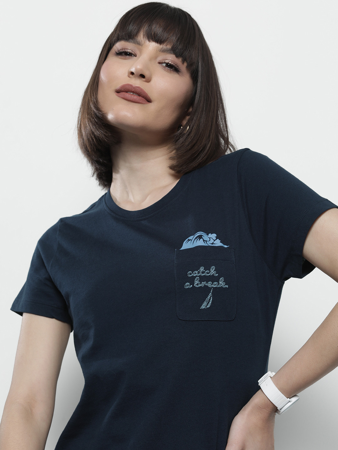 

Nautica Women Navy Blue Typography Printed Pure Cotton T-shirt