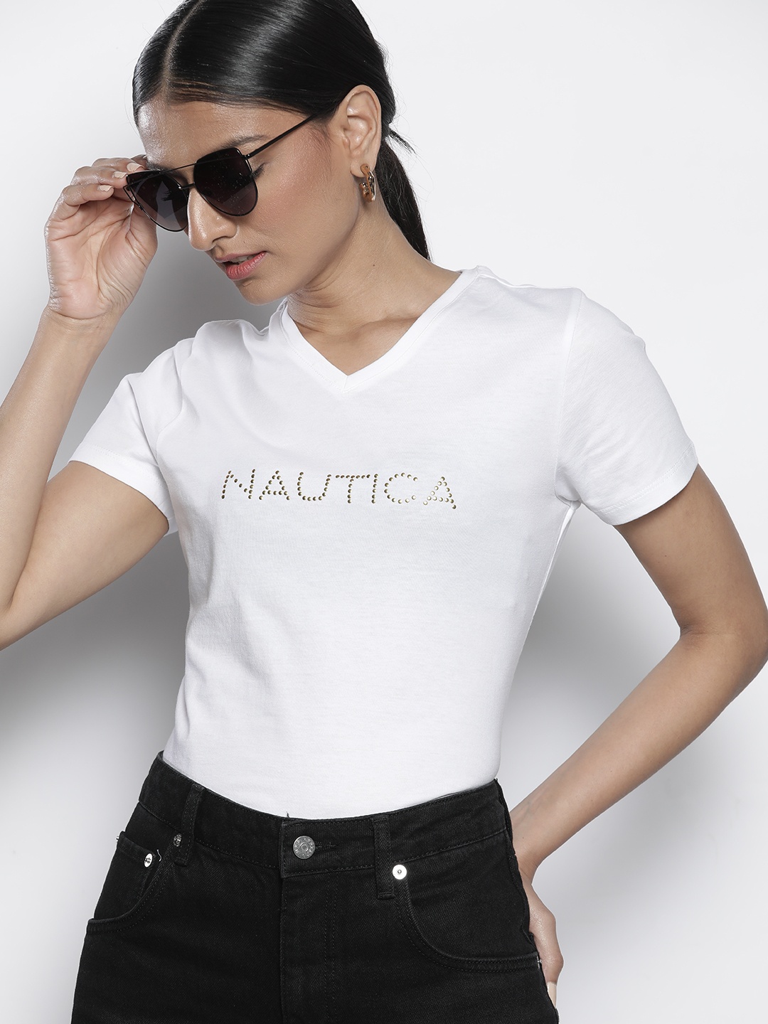 

Nautica Women White Brand Logo V-Neck Pure Cotton T-shirt