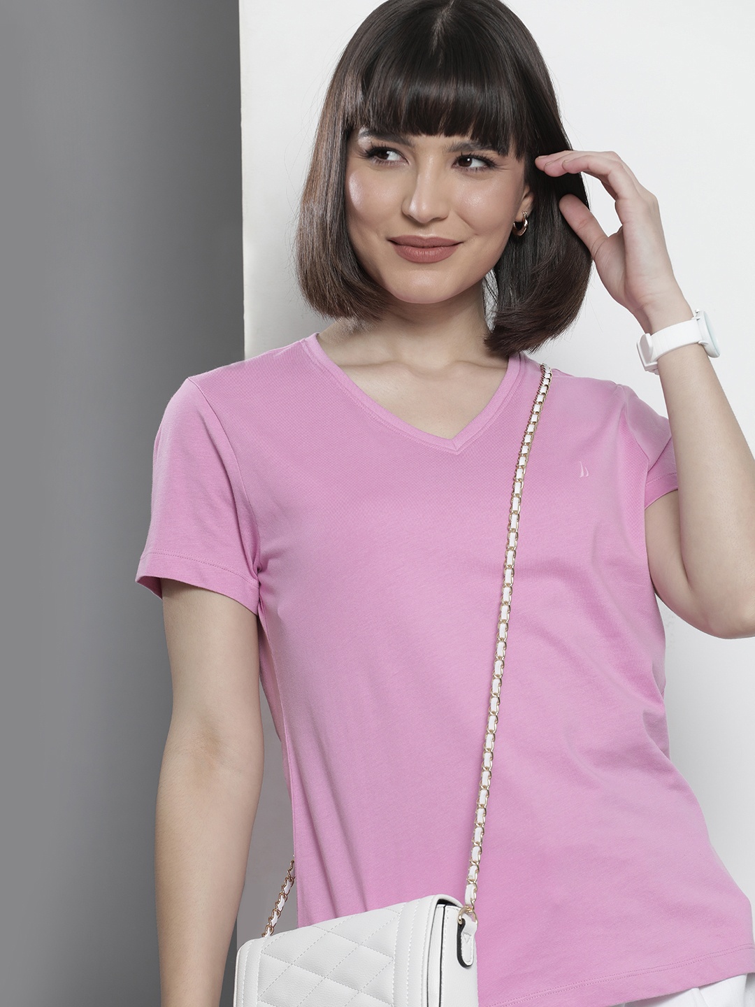 

Nautica Women Purple V-Neck Pure Cotton T-shirt