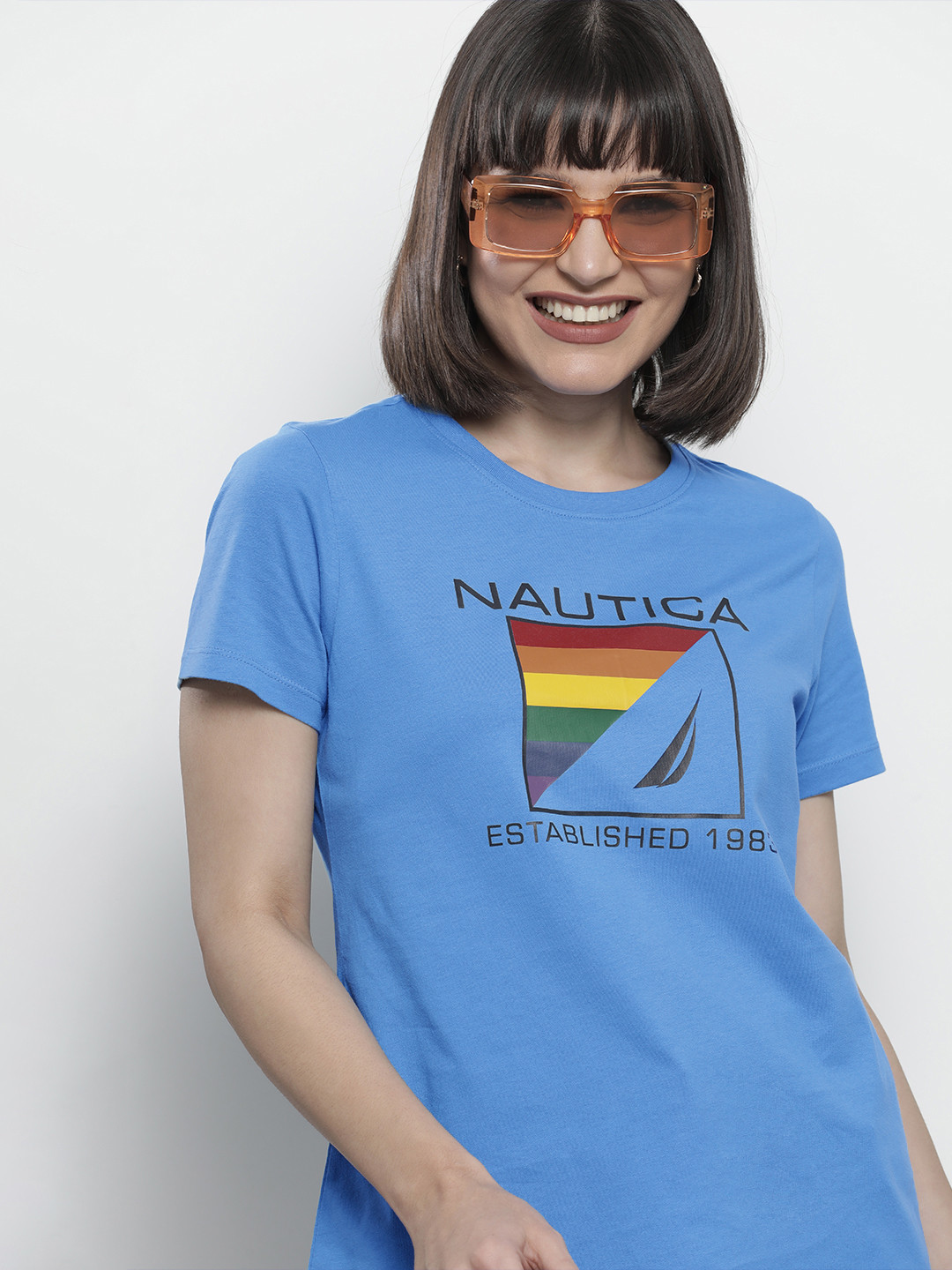 

Nautica Women Blue & Black Brand Logo Printed Pure Cotton T-shirt