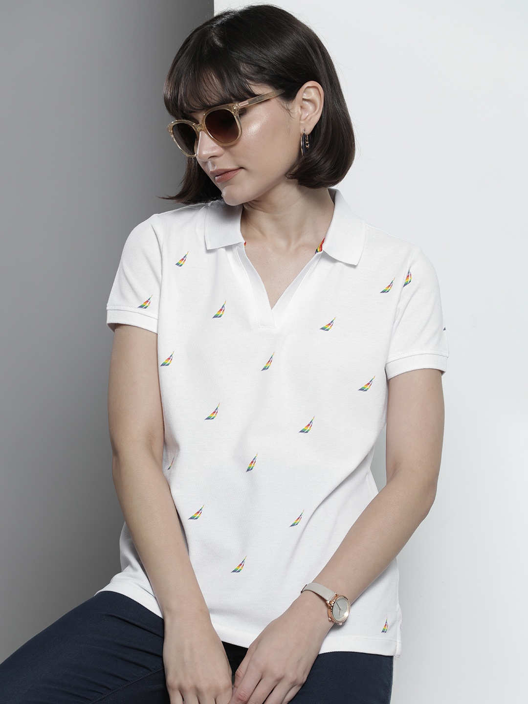 

Nautica Women White Printed Polo Collar Pure Cotton T-shirt
