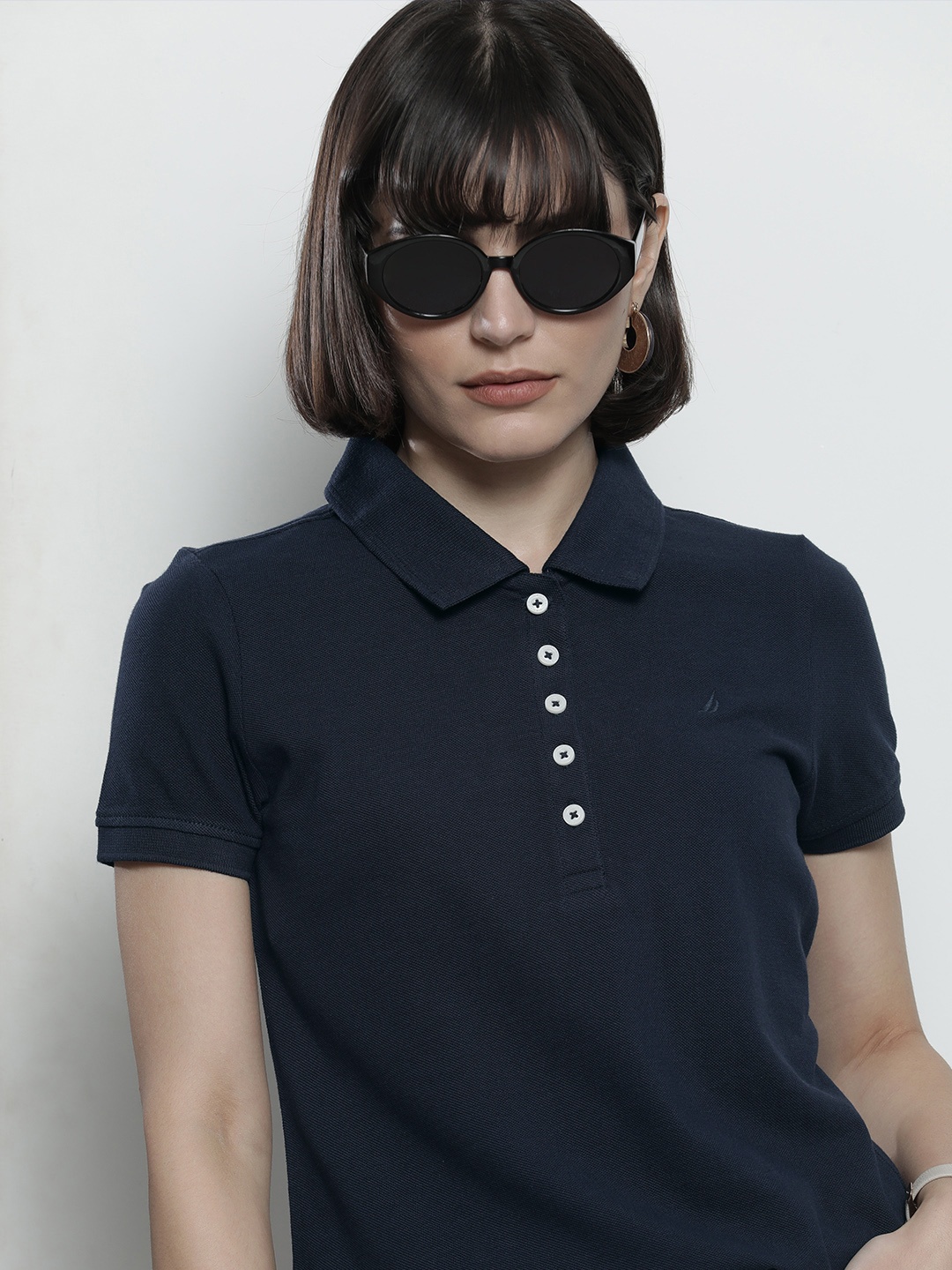 

Nautica Women Navy Blue Polo Collar Pure Cotton T-shirt