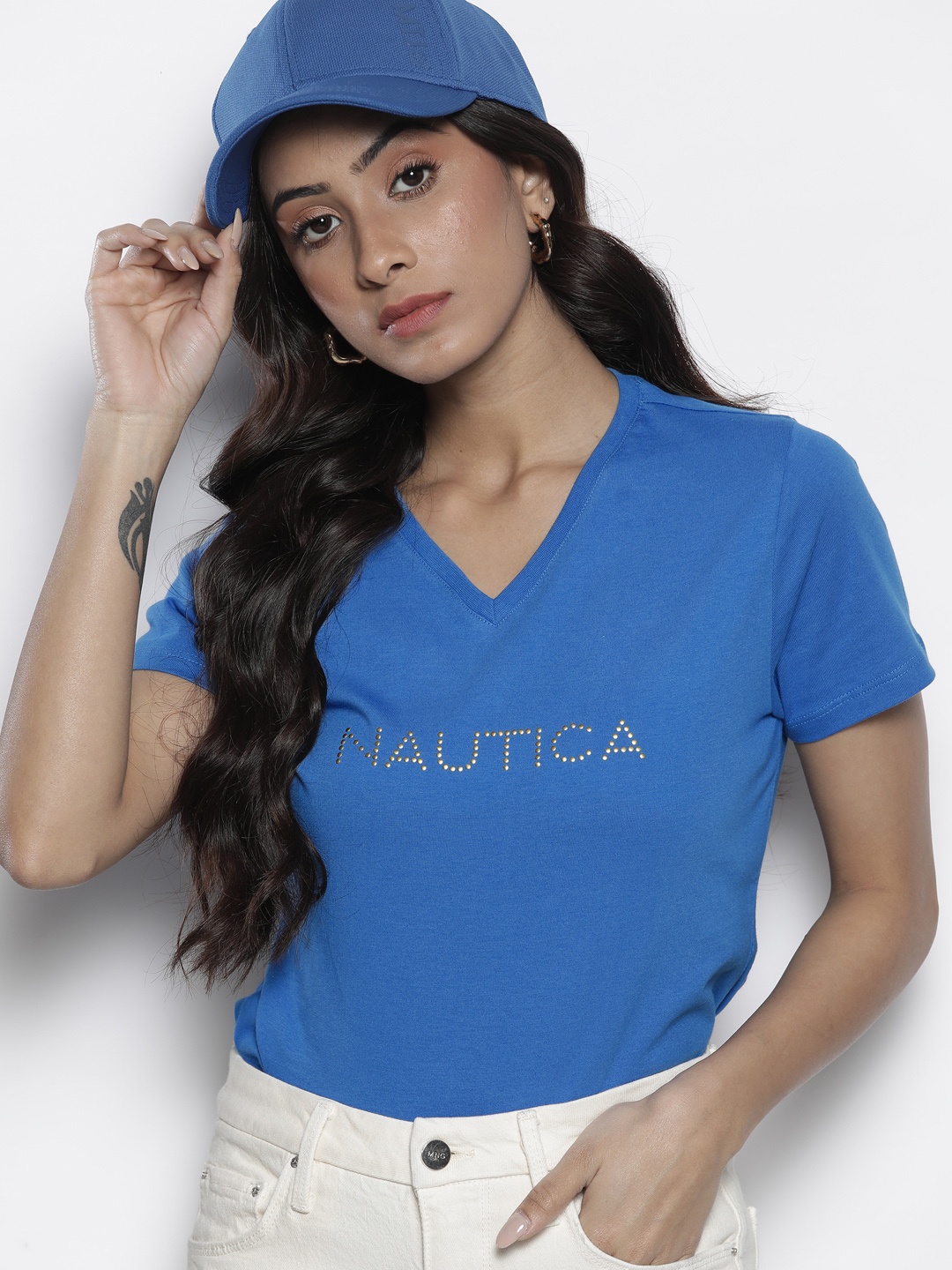 

Nautica Women Blue Brand Logo V-Neck Pure Cotton T-shirt