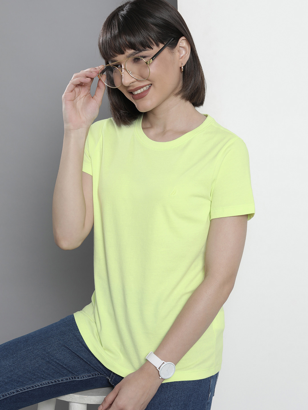 

Nautica Women Lime Green Solid Pure Cotton T-shirt