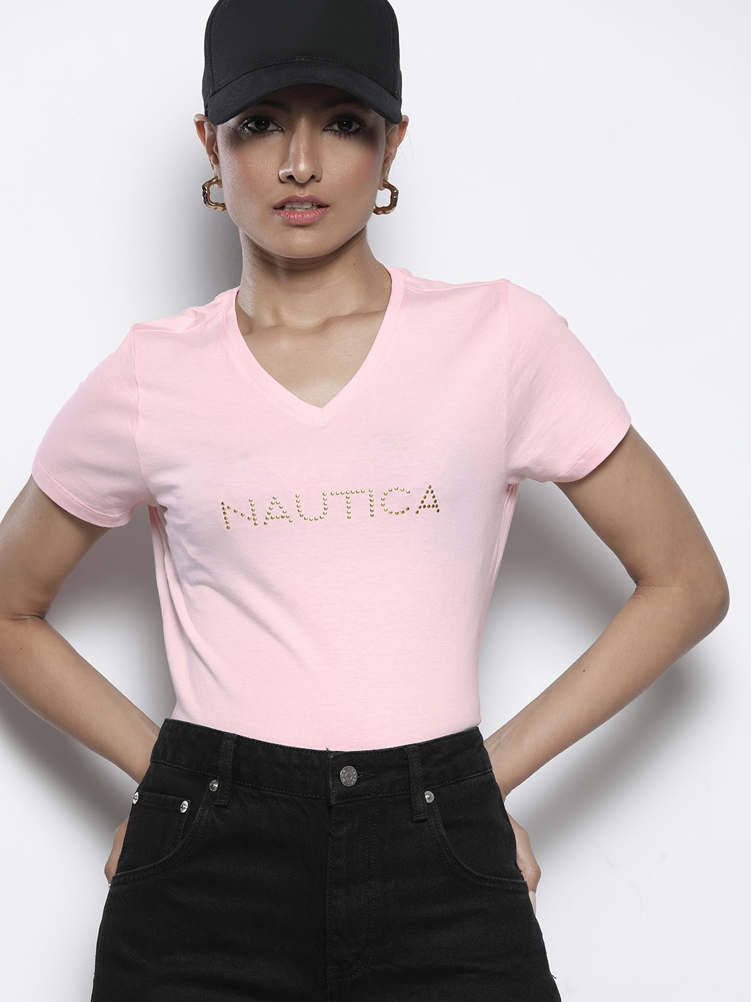 

Nautica Women Pink Brand Logo V-Neck Pure Cotton T-shirt