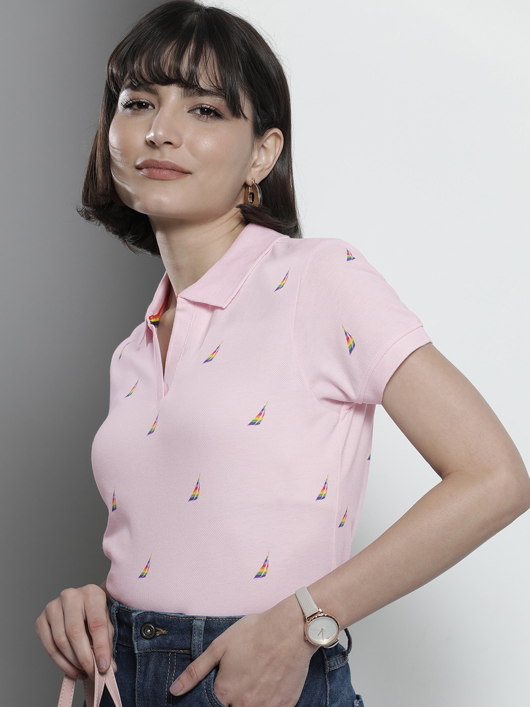 

Nautica Women Pink Printed Polo Collar Pure Cotton T-shirt